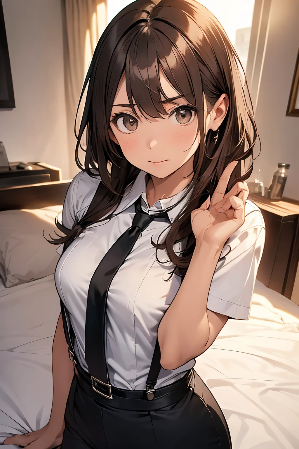 Brown Hair、Staring at the audience Black suspenders bulging big breasts wall: Black pantsuit sight Small face holster Beautiful woman Show your hand Lying in bed sight Taunt side side汗 arm Dress shirt Black Suit belt