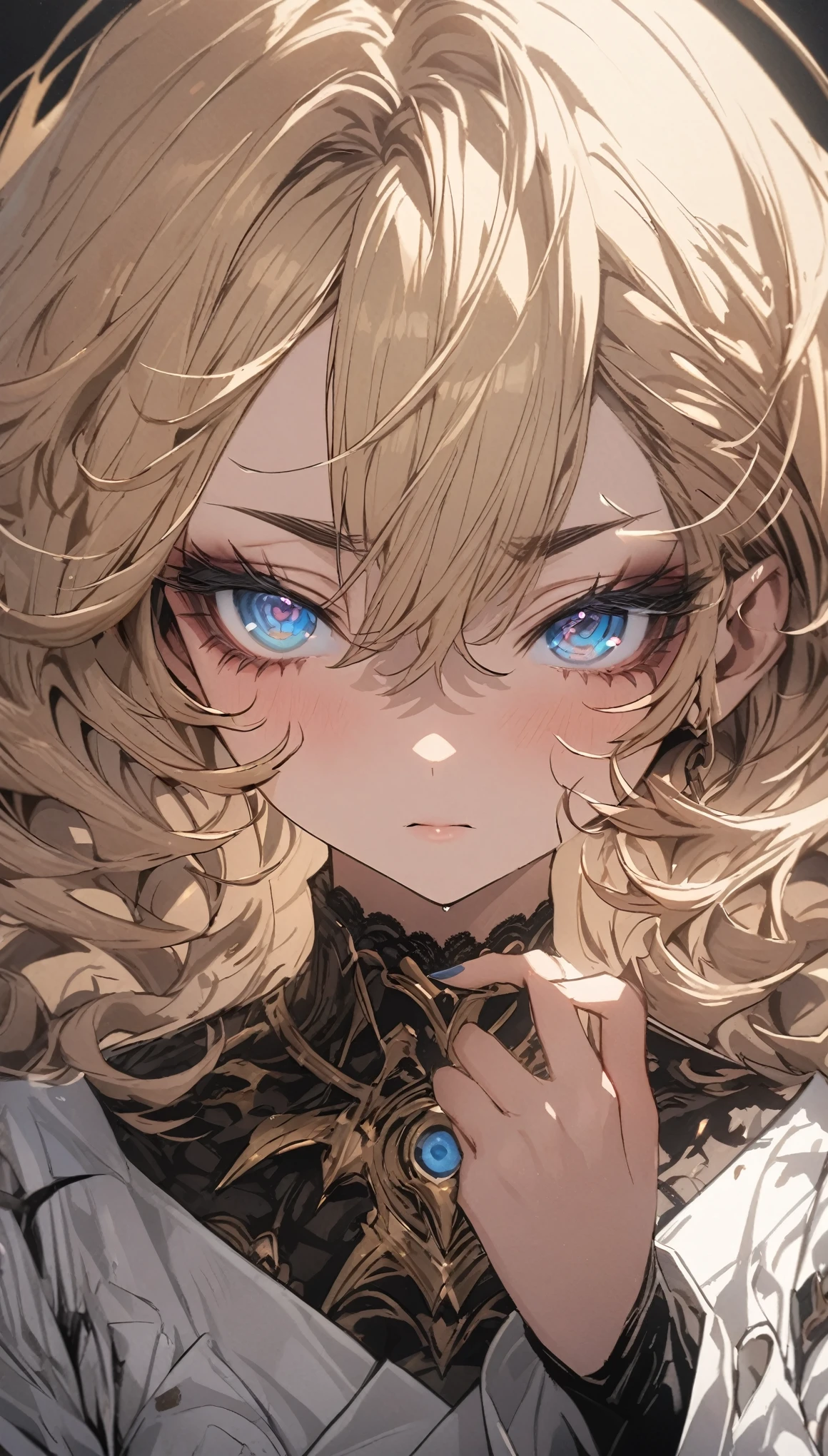 masterpiece, best quality, extremely detailed, high resolution, Japanese anime,1girl, gold hair, (short length hair:1.4), curly hair, wavy hair, drill hair, blunt hair, (eye lashes:1.3), (eye shadow:1.3), (eye brow:1.3), blue eyes, (beautiful detailed eyes:1.4), (eyes half-closed:1.5), evil grim, , original character, fantasy, (black background:1.2), beautiful fingers, standing, shoot from front, looking at viewer, face close-up
