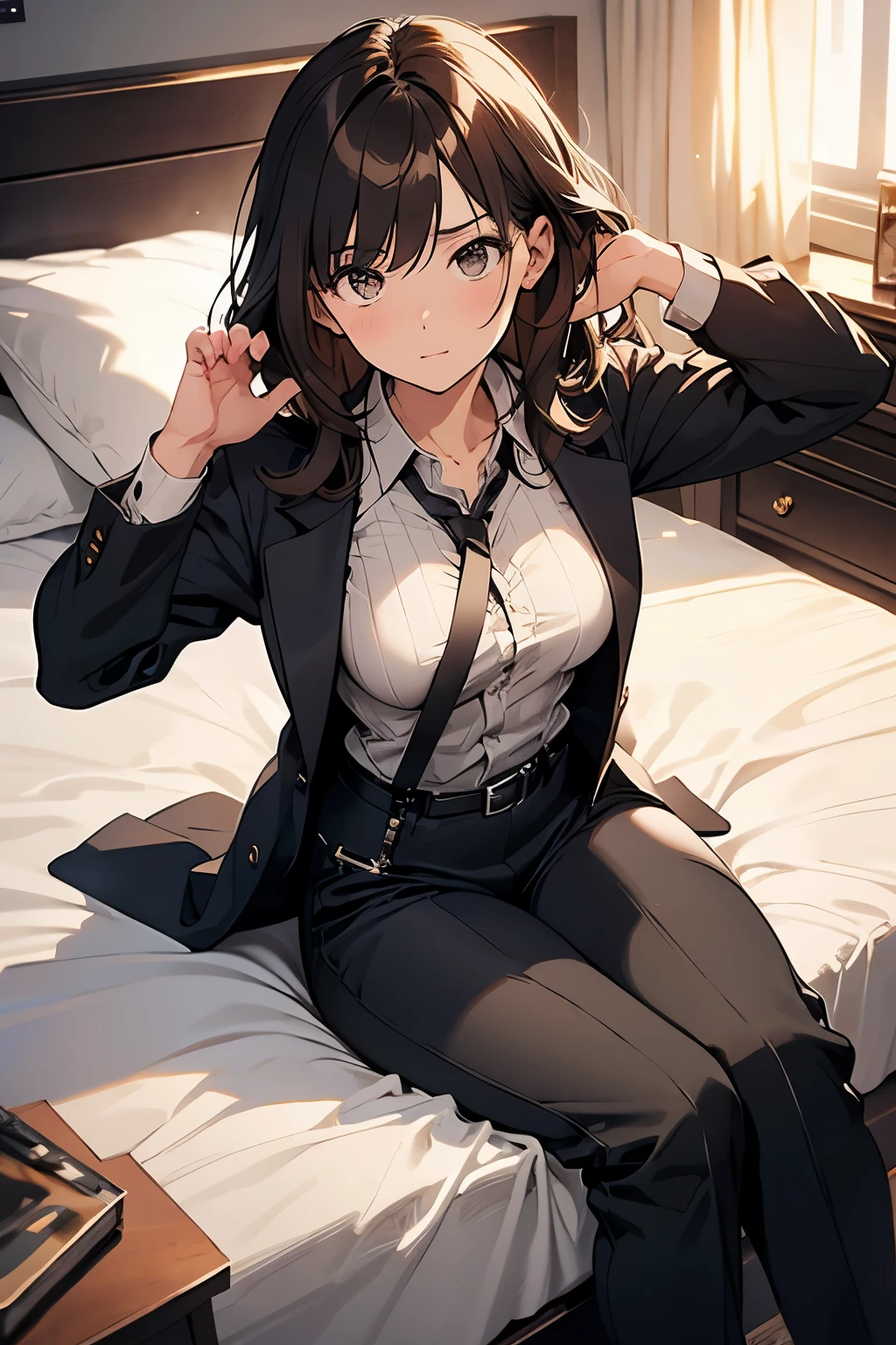 Brown Hair、Staring at the audience　　　Black suspenders　　　bulging big breasts　　 　 　　　wall: 　Black pantsuit　　　　　　sight　　　Small face　 　　　holster　　　Beautiful woman　　Show your hand　　 Lying in bed　　sight 　　Taunt　side　side汗 　arm　Dress shirt　Black Suit　belt