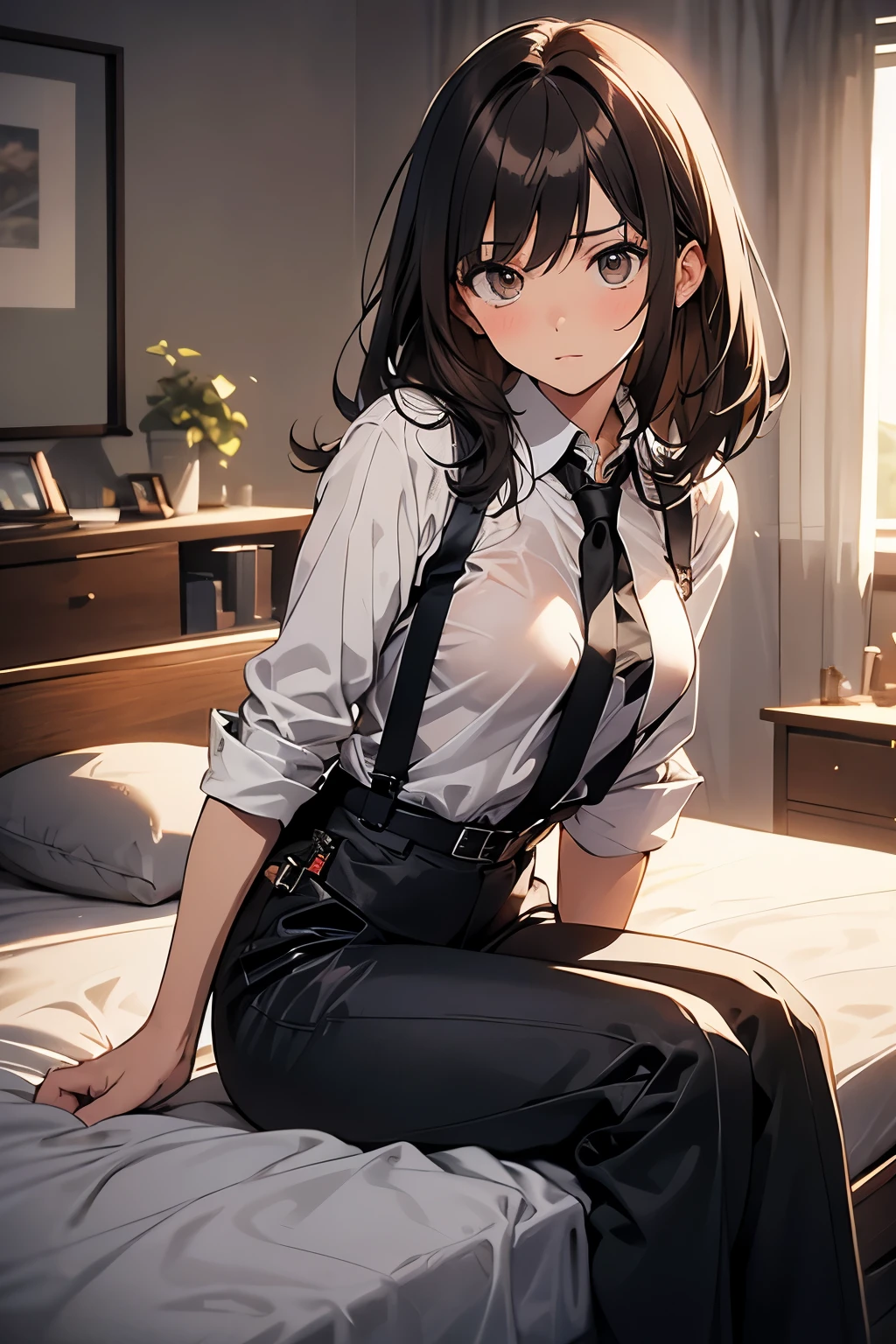 Brown Hair、Staring at the audience Black suspenders bulging big breasts wall: Black pantsuit sight Small face holster Beautiful woman Show your hand Lying in bed sight Taunt side side汗 arm Dress shirt Black Suit belt
