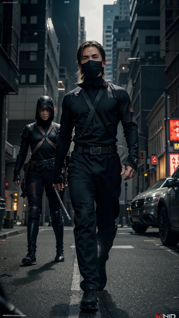 generate a movie poster, movie about ninja, poster contents the main character, a male ninja facing the camera, with the enemies on the background, including beautiful female character, big title on the bottom of the poster,poster quality ultra hd picture