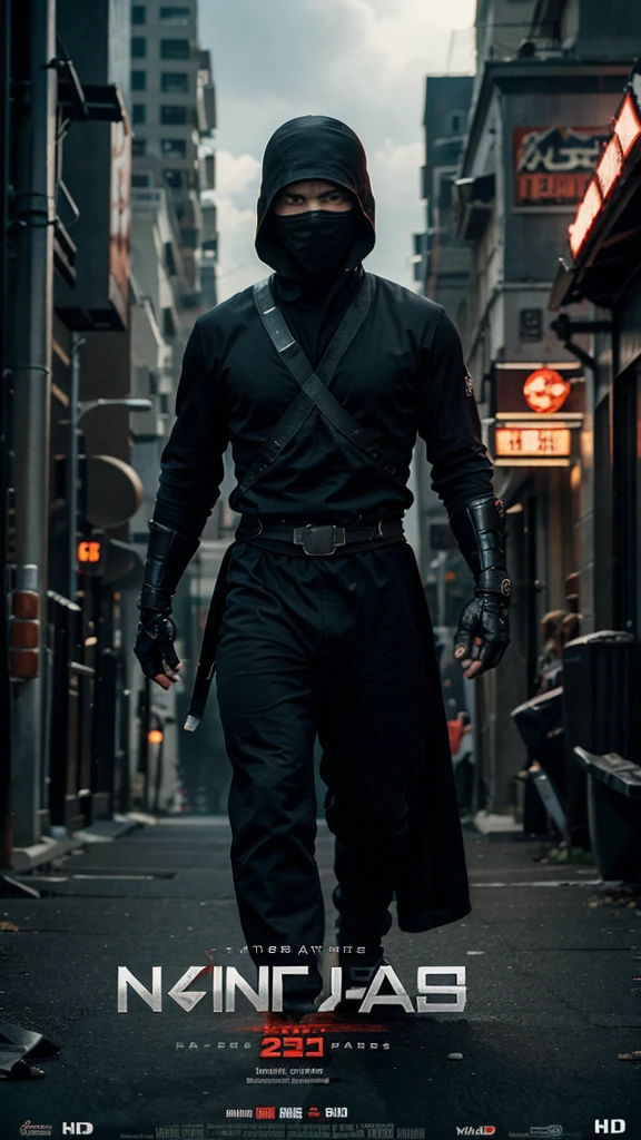 generate a movie poster, movie about ninja, poster contents the main character, a male ninja facing the camera, with the enemies on the background, including beautiful female character, big title on the bottom of the poster,poster quality ultra hd picture