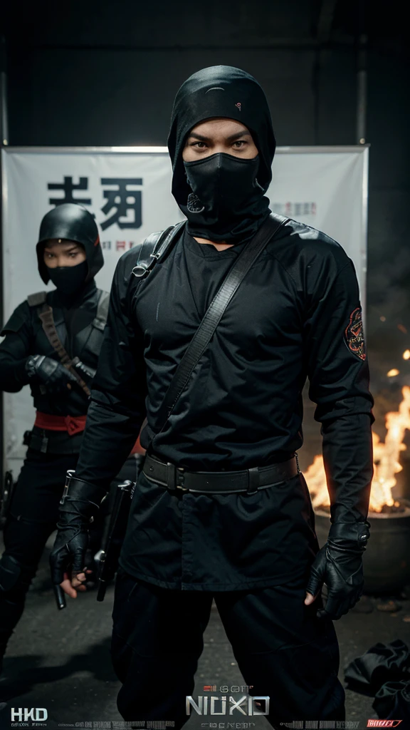 generate a movie poster, movie about ninja, poster contents the main character, a male ninja facing the camera, with the enemies on the background, including beautiful female character, big title on the bottom of the poster,poster quality ultra hd picture