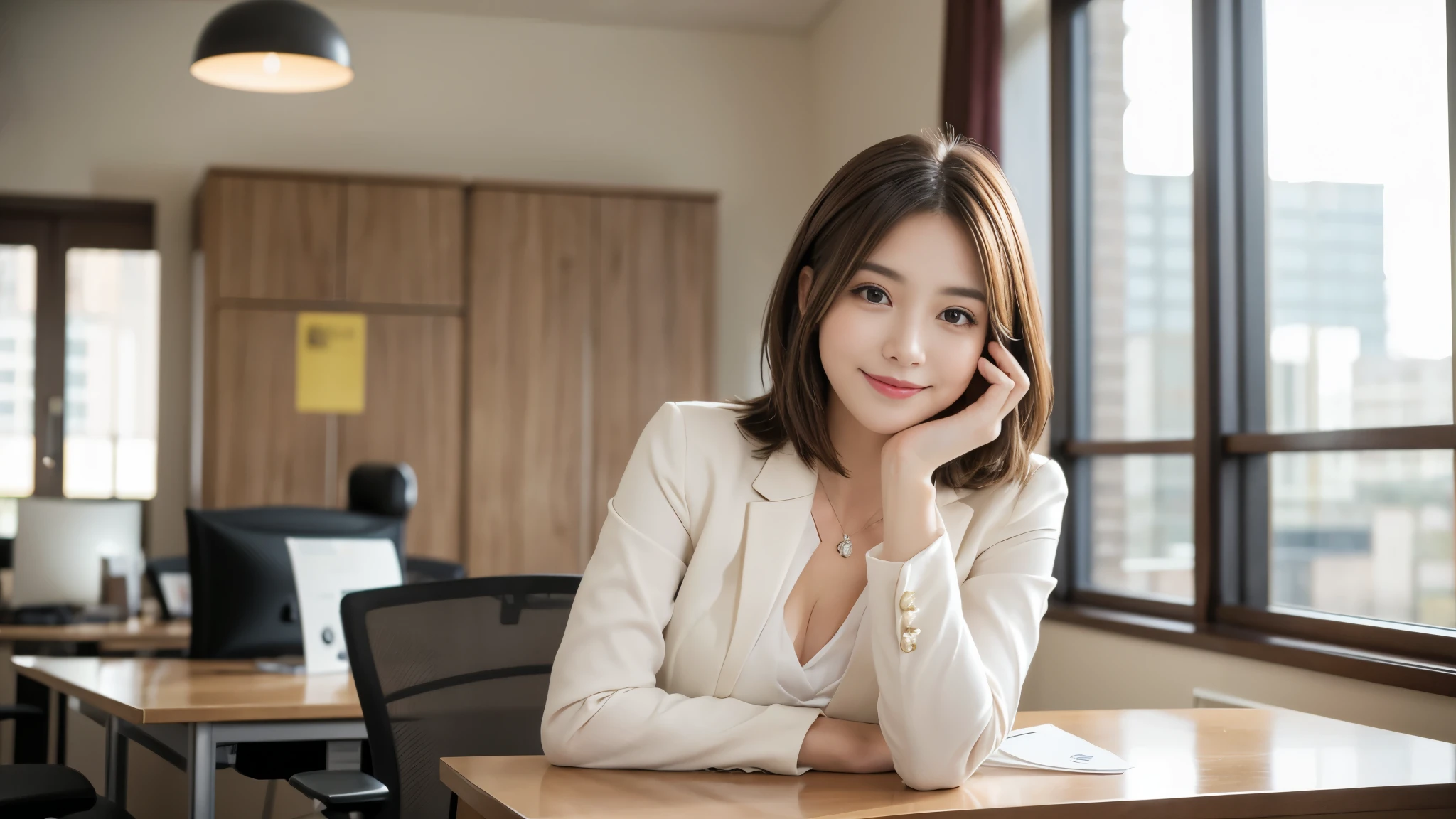 Tabletop、highest quality、Genuine、Very detailed、finely、High resolution、8k wallpaper、One beautiful woman、23-year-old girl、Light brown messy hair、Wear a business suit、Sharp focus、Perfect dynamic composition、Beautiful fine details、Thinning hair、詳細なGenuineな肌の質感、Cute Smile、Model Body Type、It is explained here、Bright office、looking at the camera、Are standing、1 person、Head tilted slightly、short hair