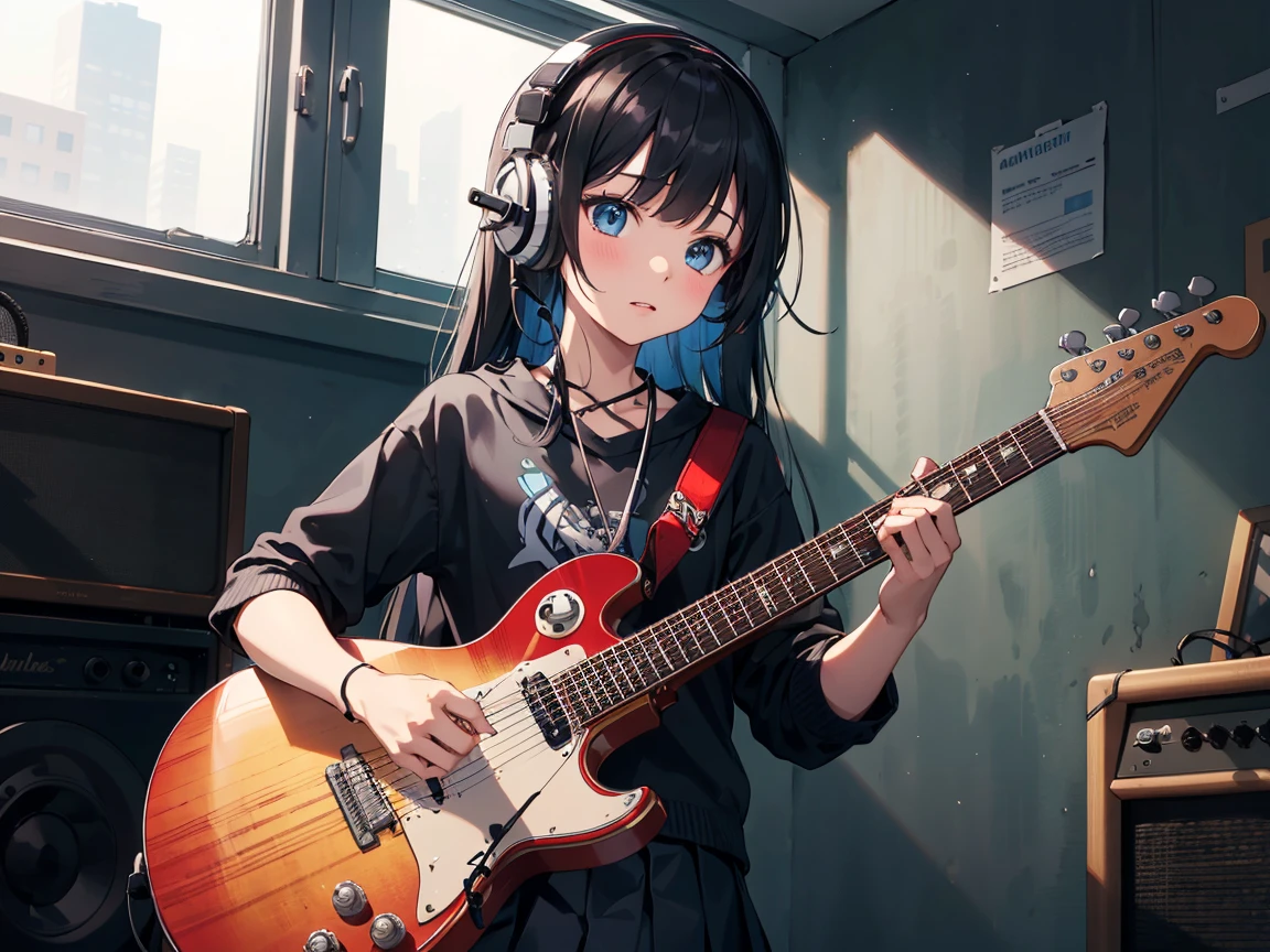 ((masterpiece,best quality)),1girl, solo, black skirt, blue eyes, electric guitar, guitar, headphones, holding, holding plectrum, instrument, long straight hairs, music, one side up, black hair, playing guiter, pleated skirt, , indoors ,(adult),bangs,(straight on:1.5) ,      
