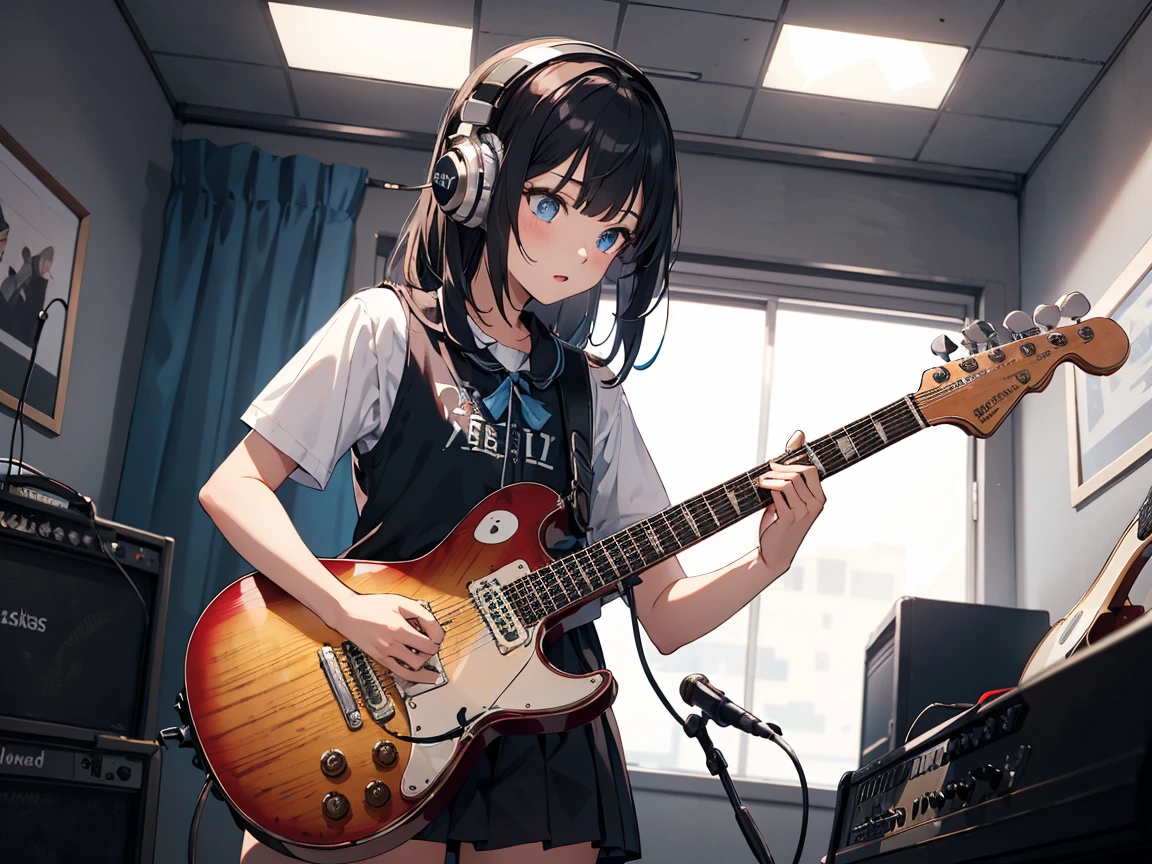 ((masterpiece,best quality)),1girl, solo, black skirt, blue eyes, electric guitar, guitar, headphones, holding, holding plectrum, instrument, long straight hairs, music, one side up, black hair, playing guiter, pleated skirt, , indoors ,(adult),bangs,(straight on:1.5) ,      
