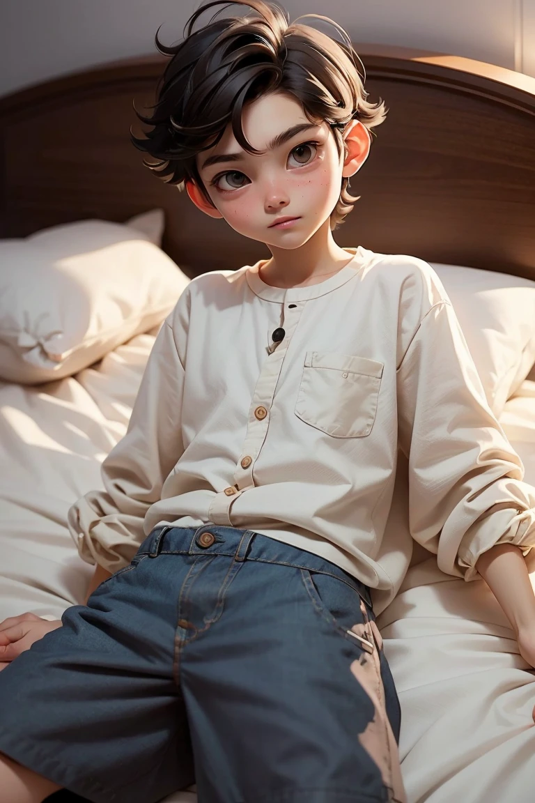 (masterpiece, best quality),1 Boy，One boy on top of another，Lying on the bed，Dark brown messy short hair, Black eyes，Small Breasts, clever，Fair skin，High IQ，High emotional intelligence，Love music and have a strong academic temperament，Very loose round neck long sleeve long shirt in light-colored cotton and linen fabric. Loose-fitting linen shorts, only, Standing, Relaxed looking at the camera.
