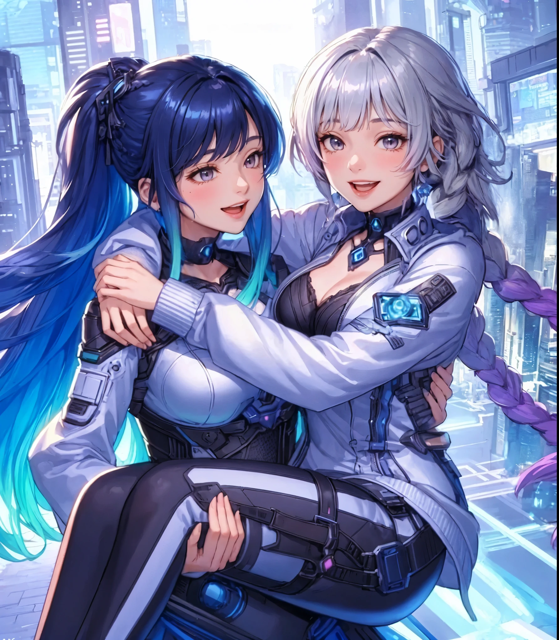 2ladies, (1lady princess-carrying the other), standing, (futuristic costume) stylish, mature female, (masterpiece best quality:1.2) delicate illustration ultra-detailed, large breasts BREAK 1lady, (silver long hair), twin braid, (gradient hair) purple, blush happy smile, (open mouth), purple eyes BREAK 1lady, (dark blue straight hair) bangs, (gradient hair) green, (kind smile) BREAK (futuristic city) outdoors, soft lighting, science fiction, detailed background