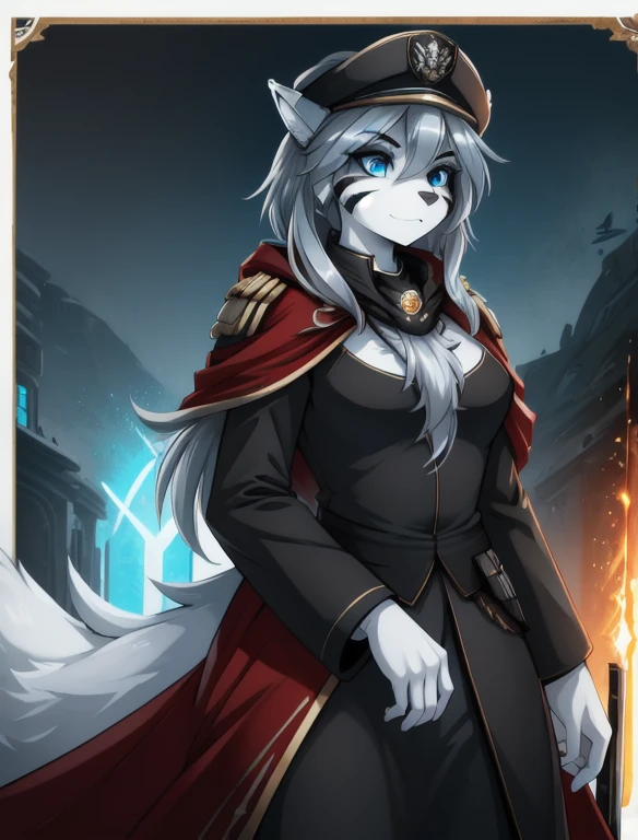 Warhammer_40 thousand_Commissar,((masterpiece)), (Best quality), (detailed), Black uniform, mascara, Eyeliner, eyeshadow, Upper body, pomade, женщина anthro furry tiger, Propaganda poster, wicked, bristle,
 (8k contract, masterpiece, Best quality, High quality, absurdity, ultra-detailed), Templar Cloak，Bigtail wolf，gray hair，blue eyes，female，Long white hair