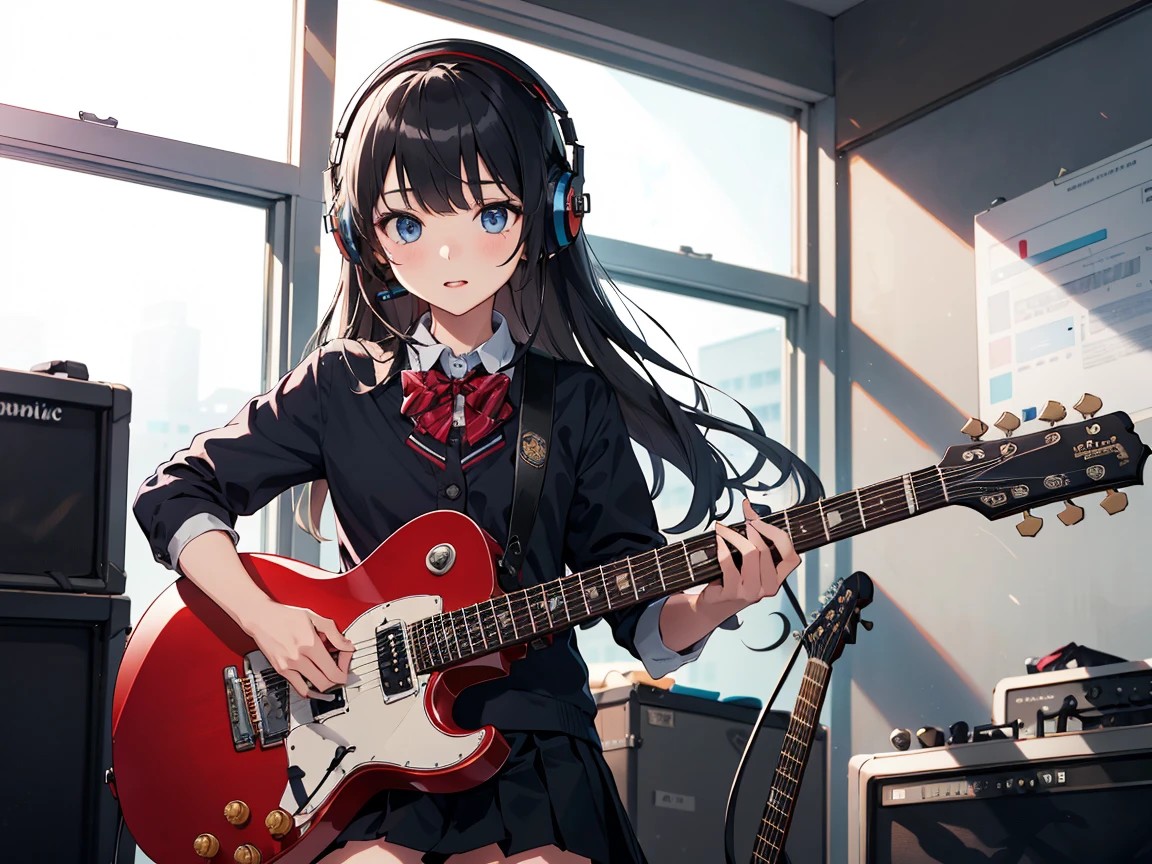 ((masterpiece,best quality)),1girl, solo, black skirt, blue eyes, electric guitar, guitar, headphones, holding, holding plectrum, instrument, long straight hairs, music, one side up, black hair, playing guiter, pleated skirt, , indoors ,(adult),bangs,(straight on:1.5), schools uniform
