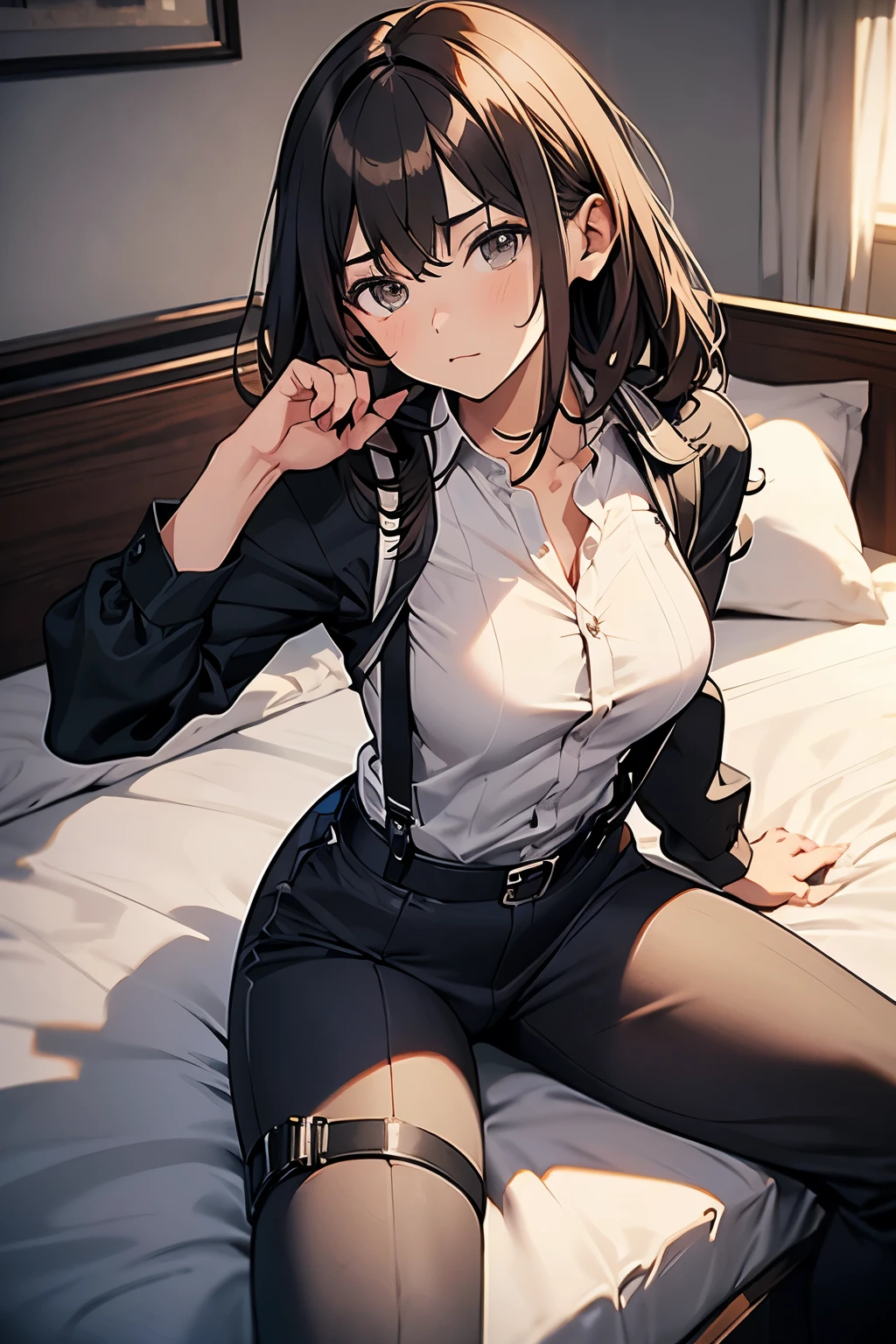 Brown Hair、Staring at the audience　　　Black suspenders　　　bulging big breasts　　 　 　　　wall: 　Black pantsuit　　　　　　sight　　　Small face　 　　　holster　　　Beautiful woman　　Show your hand　　 Lying in bed　　sight 　　Taunt　side　side汗 　arm　Dress shirt　Black Suit　belt