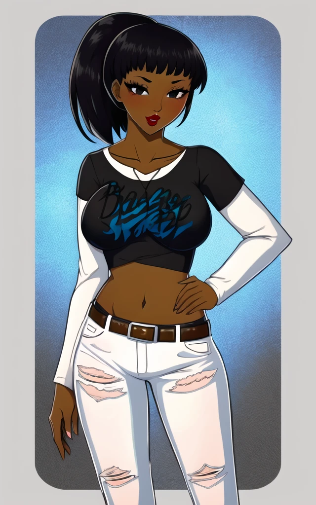 Jasmine, dark-skinned female, dark skin, black hair, black eyes, ponytail,  1girl, solo, standing, black t-shirt, white shirt, blue jeans, belt, lipstick, large breasts