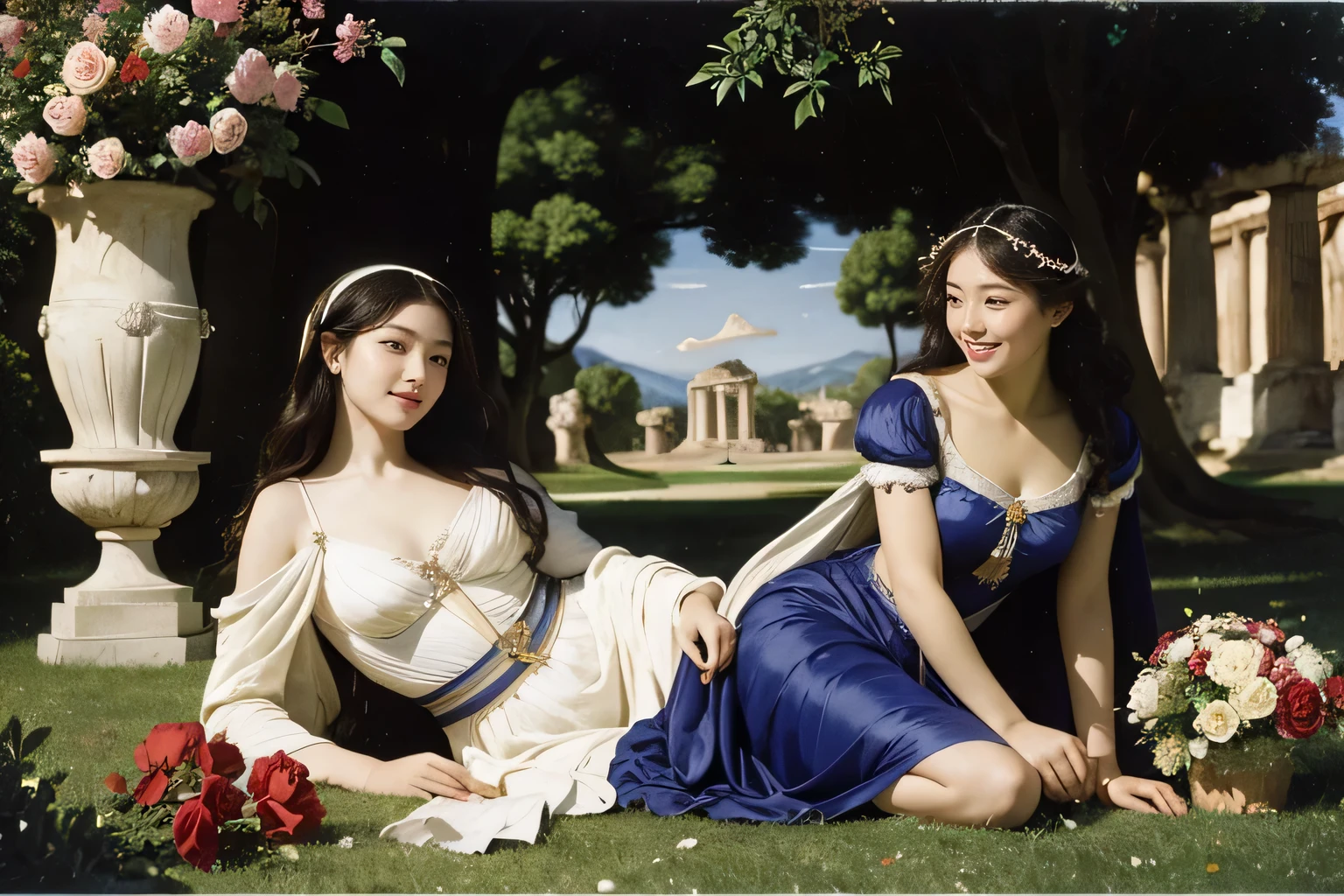 full body portrait or statue、Sandro Botticelli painting style,Arguments of two female Philosophe,math、astronomical machine、astronaut、roses in vase、fruits、Cute trinkets、smile、ancient greek costume、Ancient Roman landscape in the style of Nicolas Poussin,laughter,,Sweet and seductive appearance.、Caravaggio's paintings、Chiaroscuro of Caravaggio、hair tousled by the wind,Two women frolicking,cute smile, expression of ecstasy,Sexy,erotic