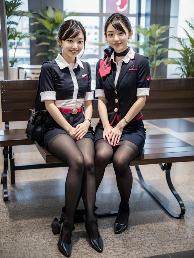 masterpiece, best quality, 1 girl, solo, 16 years old, (flat chest:1.3),skinny, Perfect Face, beautiful, extremely long hair, jal uniform, church, black pantyhose, pink lace panty, panties under pantyhose, japanese, (skirt lift:1.1), (show off panties:1.1), embarrassed, sit on a bench, full body,looking through legs,