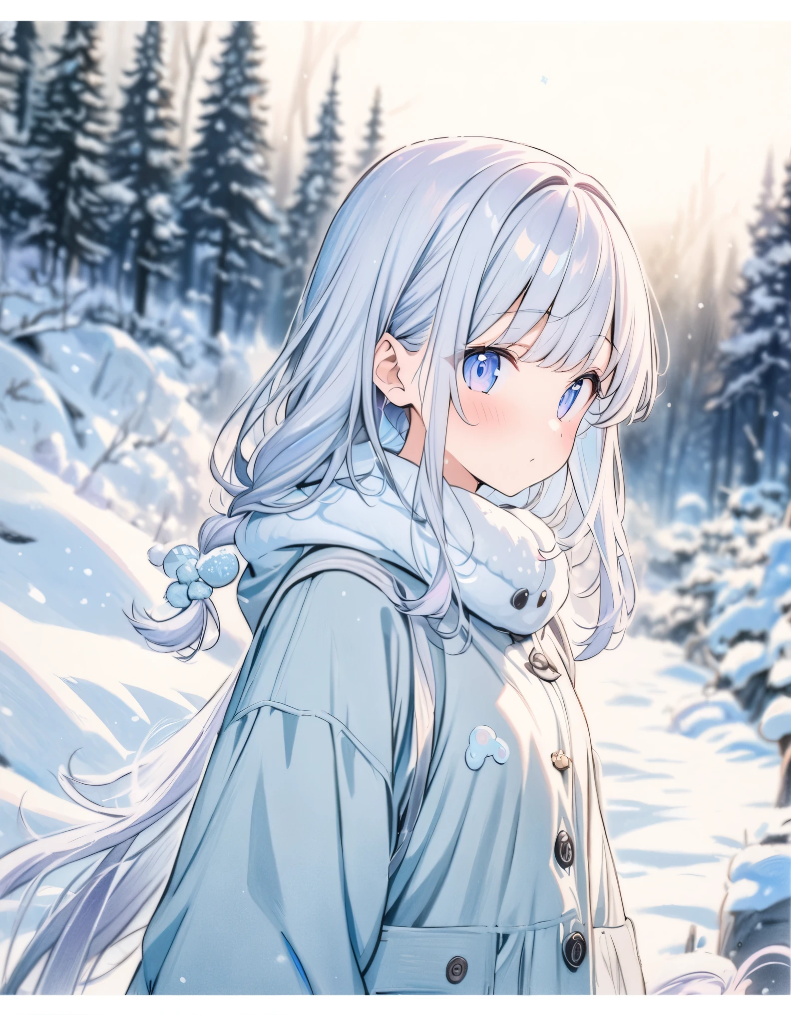 ((style:colored pencil,Pale colors)),(masterpiece:1.2),(anime),in the forest、Snow Scene、Hokkaido、(Long-tailed Tit)、cute、girl