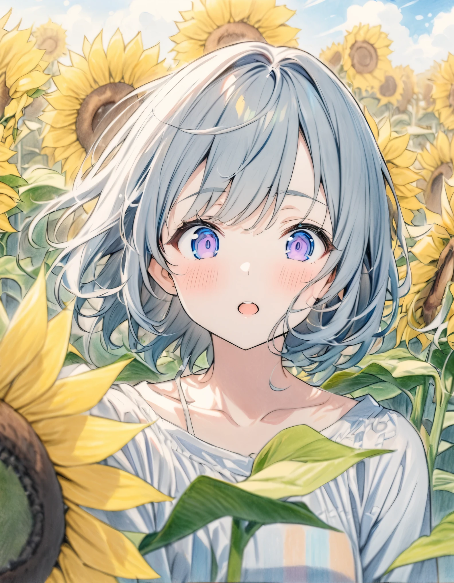 ((style:colored pencil,Pale colors)),(masterpiece:1.2),(anime),Sunflower field、Girl surrounded by sunflowers、cute、summer、Pause