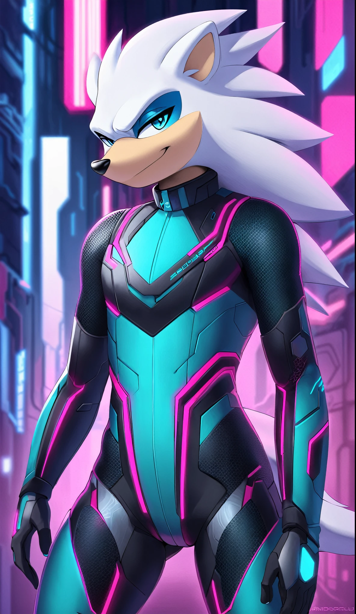 a full body image of A solo male anthro ((silver—white hedgehog)), with glowing blue eyes, ((metallic blue eyeliner)), (((tan muzzle))), wearing a (((sci-fi bodysuit))) stands in a neon-lit cyberpunk city The android's bodysuit is adorned with (((teal and black coloring with neon pink accents))), and intricate android seams, creating a futuristic look. the android has a seductive smirk on his face