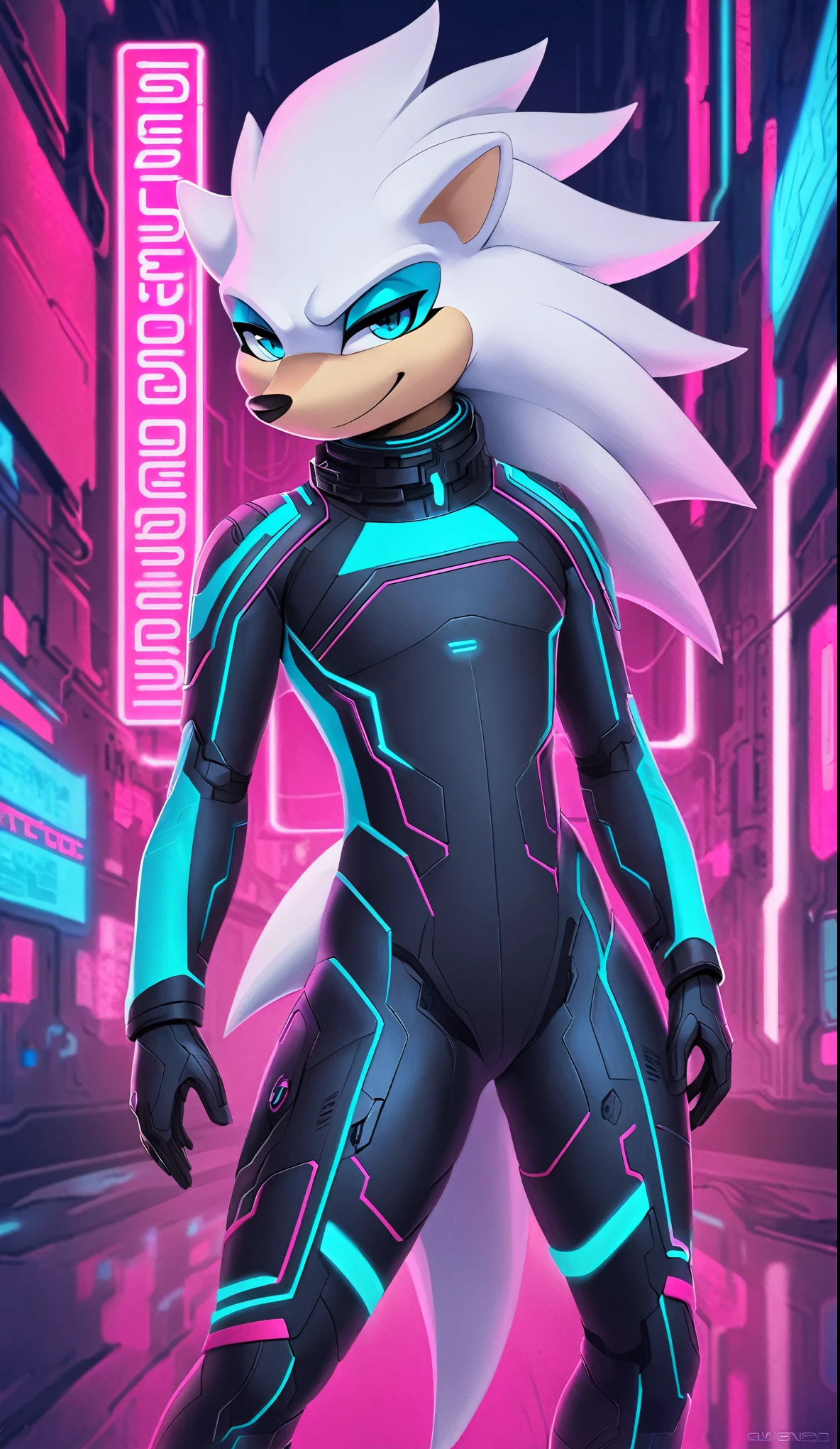 a full body image of A solo male anthro ((silver—white hedgehog)), with glowing blue eyes, ((metallic blue eyeliner)), (((tan muzzle))), wearing a (((sci-fi bodysuit))) stands in a neon-lit cyberpunk city The android's bodysuit is adorned with (((teal and black coloring with neon pink accents))), and intricate android seams, creating a futuristic look. the android has a seductive smirk on his face