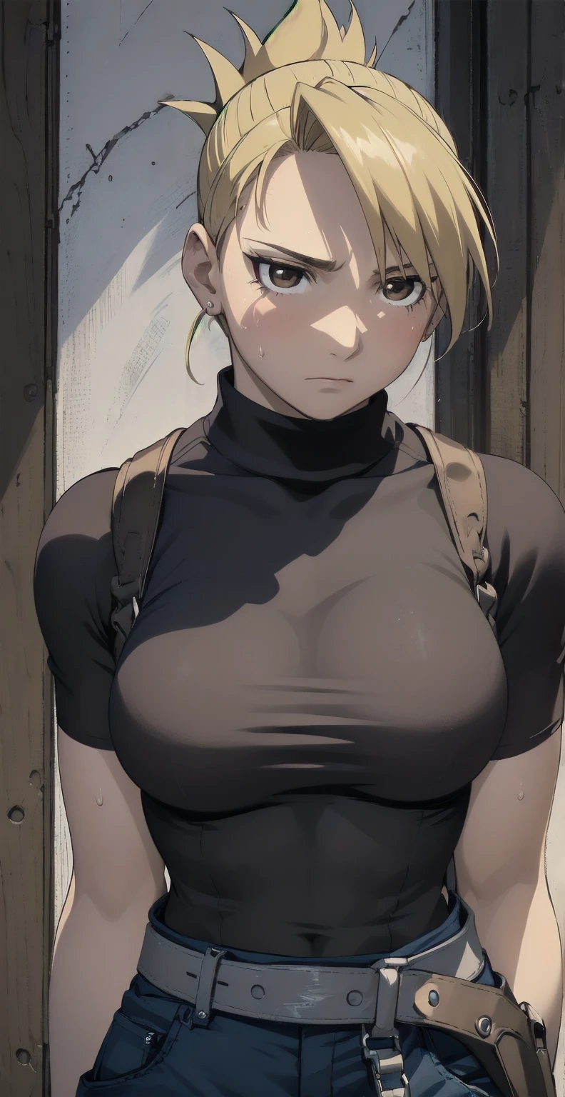 masterpiece, highest quality, High resolution, One Girl, Hamriz, ponytail, Brown eyes,Big Breasts, Black Shirt, Tight shirt, holster, Short sleeve, belt, Covered navel, Blue pants,Abandoned city、Outdoor、Sand smoke、Upper body close-up、Muscular body、blush、Sweat、Composition from the front、anime、Hide your arms behind your back、(((Torn clothes、No bra、Large areola、look up、View your viewers、Stare here、Only one nipple is visible、Annoyed face)))