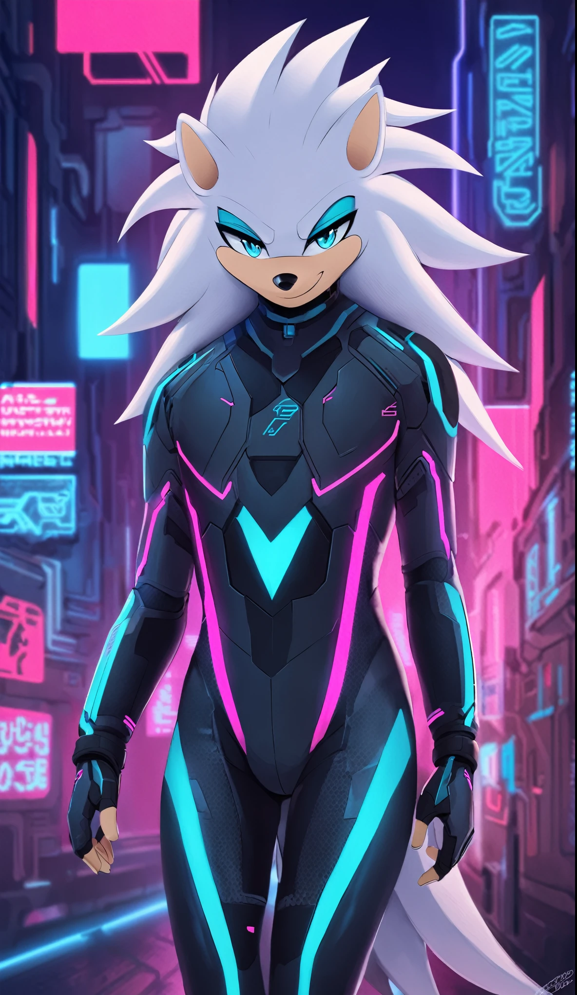 a full body image ((by SEGA)) of A solo male anthro ((silver—white hedgehog)), with glowing blue eyes, ((metallic blue eyeliner)), tan muzzle, wearing a (((sci-fi bodysuit))) stands in a neon-lit cyberpunk city The android's bodysuit is adorned with (((teal and black coloring with neon pink accents))), and intricate android seams, creating a futuristic look. the android has a seductive smirk on his face