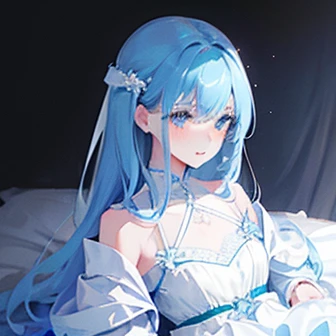 An illustration, Cute feeling、Bluish feeling、Very detailed, (Beautiful girl:1.3), A small smile, Pale feeling、Ivory Dresses, Pure, forget-me-nots, Sparkling, Pastel Style, Soft Blending, Dark atmosphere、Moody