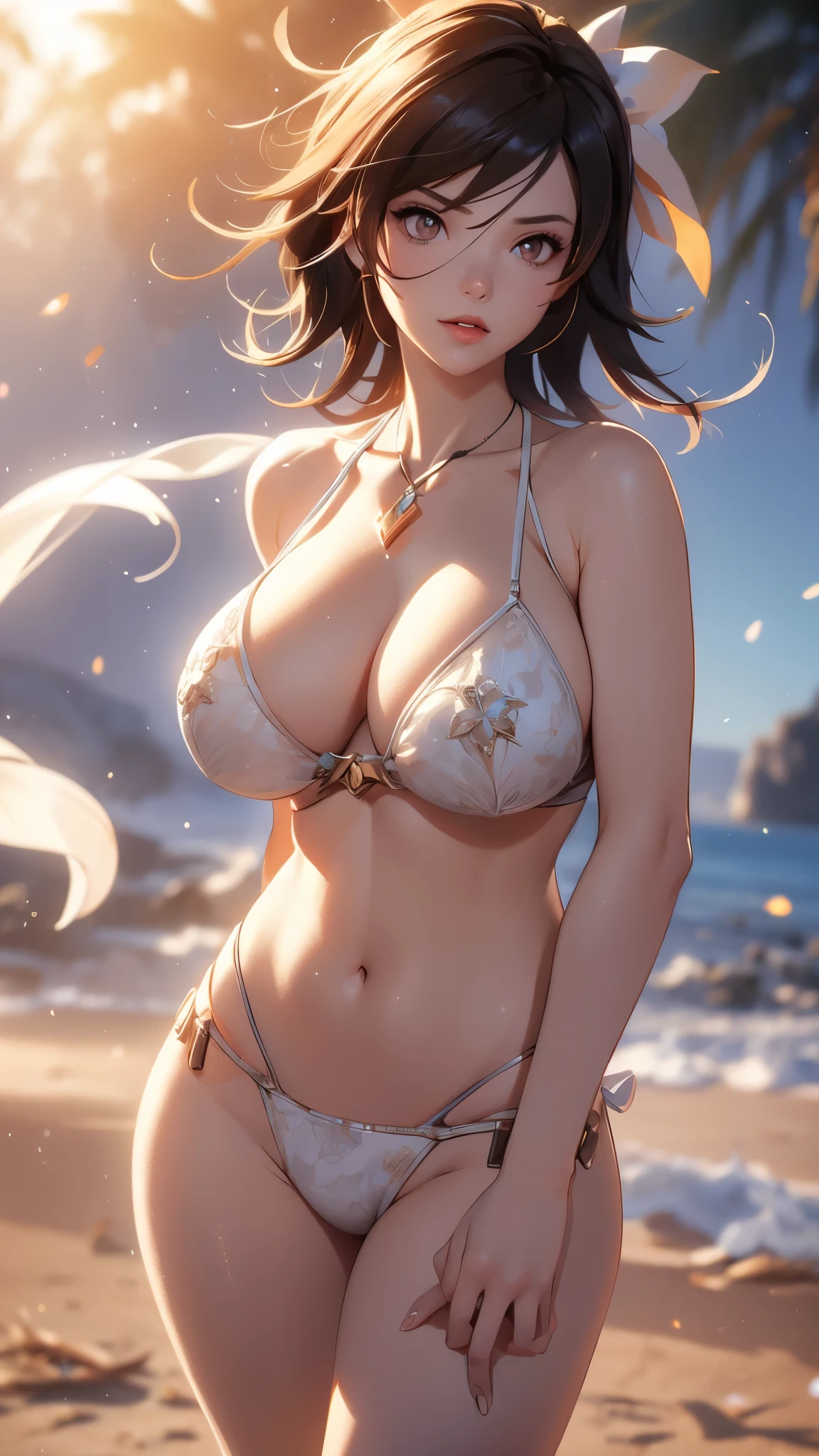Tracer de Overwatch, nue (huge tits), cheveux blancs, Haut du corps, abdos, symmetrical round breasts, deserted beach, gros seins, gigantesque seins, 4K ultra UHD, mains parfaites, cing doigts, yeux parfaits, bikini dentelle rouge