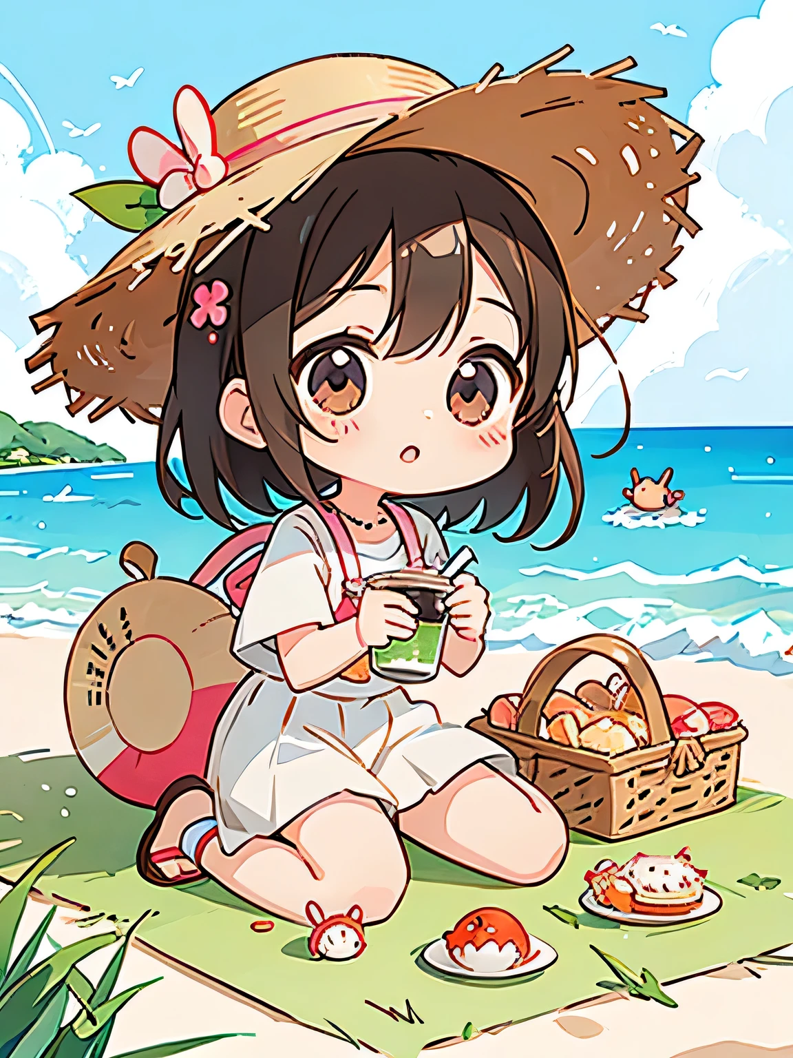 Ai Yazawa Style, Kawaii Design, most beautiful girl ever、Chibi, Straw hat、Lots of friends、birdie、picnic、Summer beach, crab、shell