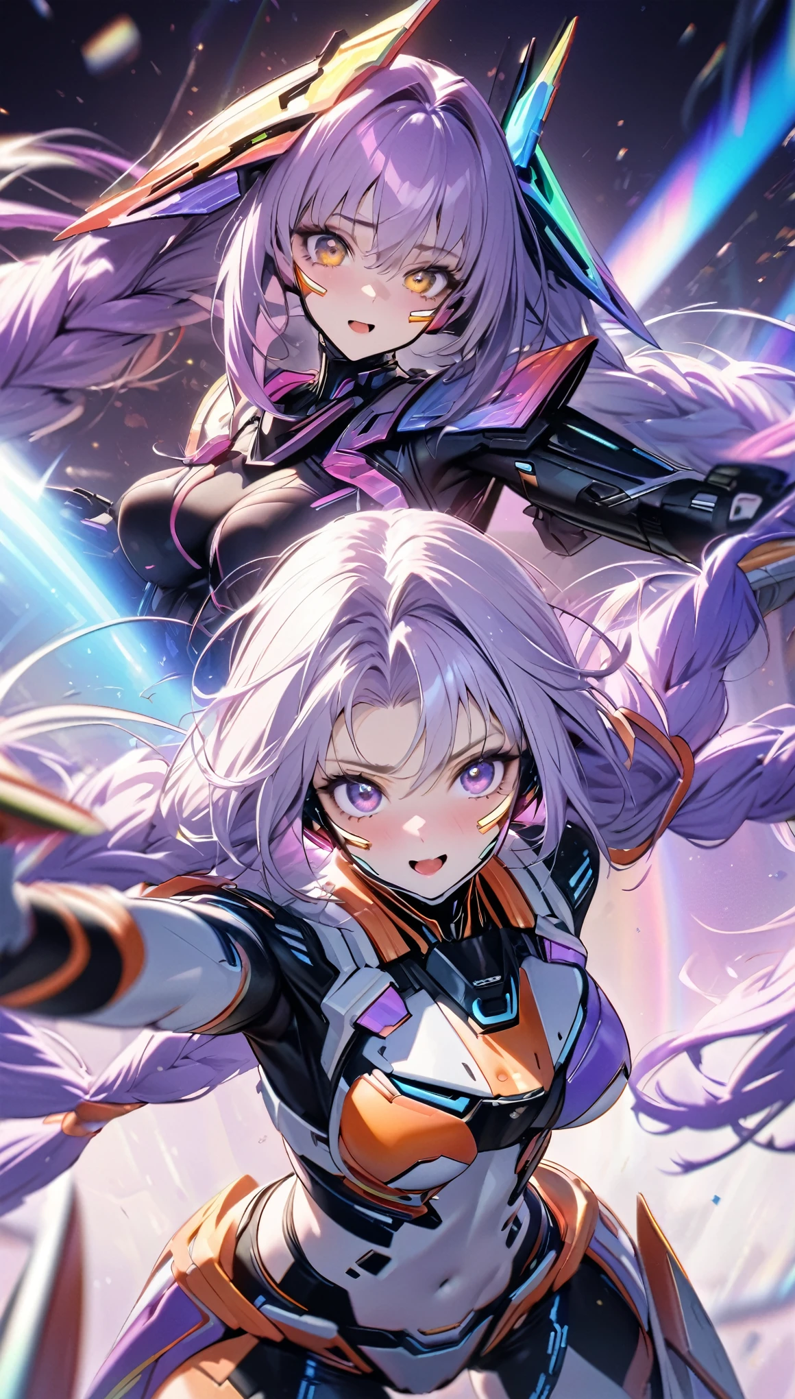 best quality, Ultra-fine, 16K, Ridiculous, Very detailed, delicate and dynamic, (Two beautiful female cyber warriors:1.7), (cute cyber warrior with purple eyes and braided low twin tails with gradient from white to purple at the ends), and (cool beauty cyber warrior with gold eyes and rainbow-colored ponytail with braided sides), background black and purple swirling black hole, galaxy, Motion blur, Motion blur, Various image effects