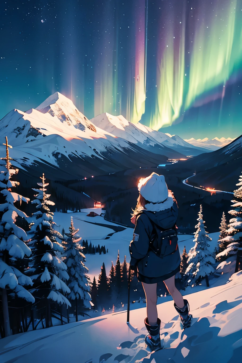night scene、night、girl、Looking up、mountainilky way、Aurora、Arctic