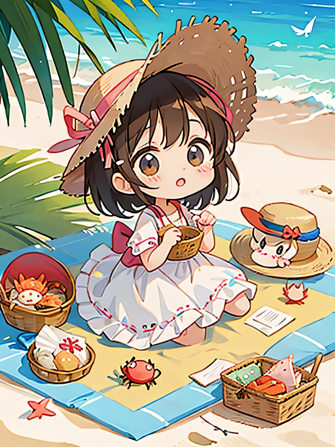 Ai Yazawa Style, Kawaii Design, most beautiful girl ever、Chibi, Straw hat、Lots of friends、birdie、picnic、Summer beach, crab、shell