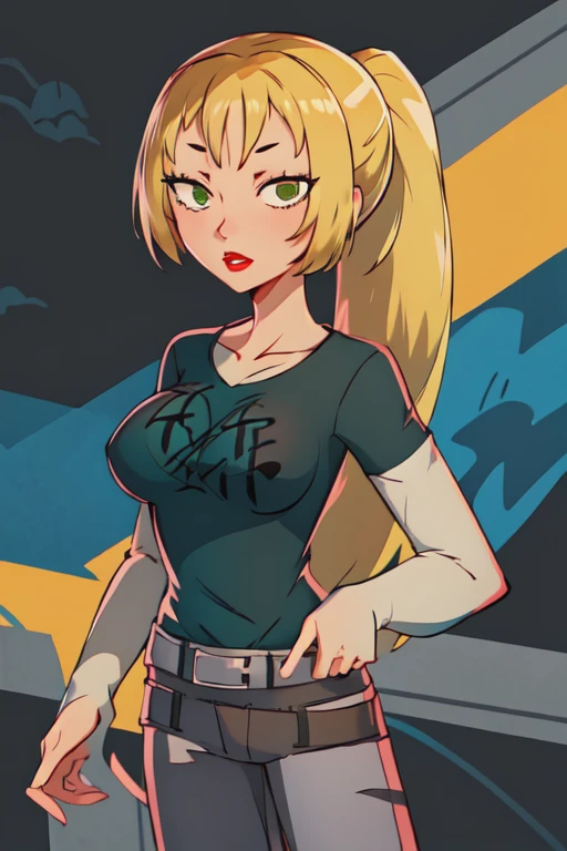 1girl, bridgette_total_drama, blonde hair, ponytail, green eyes, solo, standing, black t-shirt, white shirt, blue jeans, belt, lipstick, large breasts