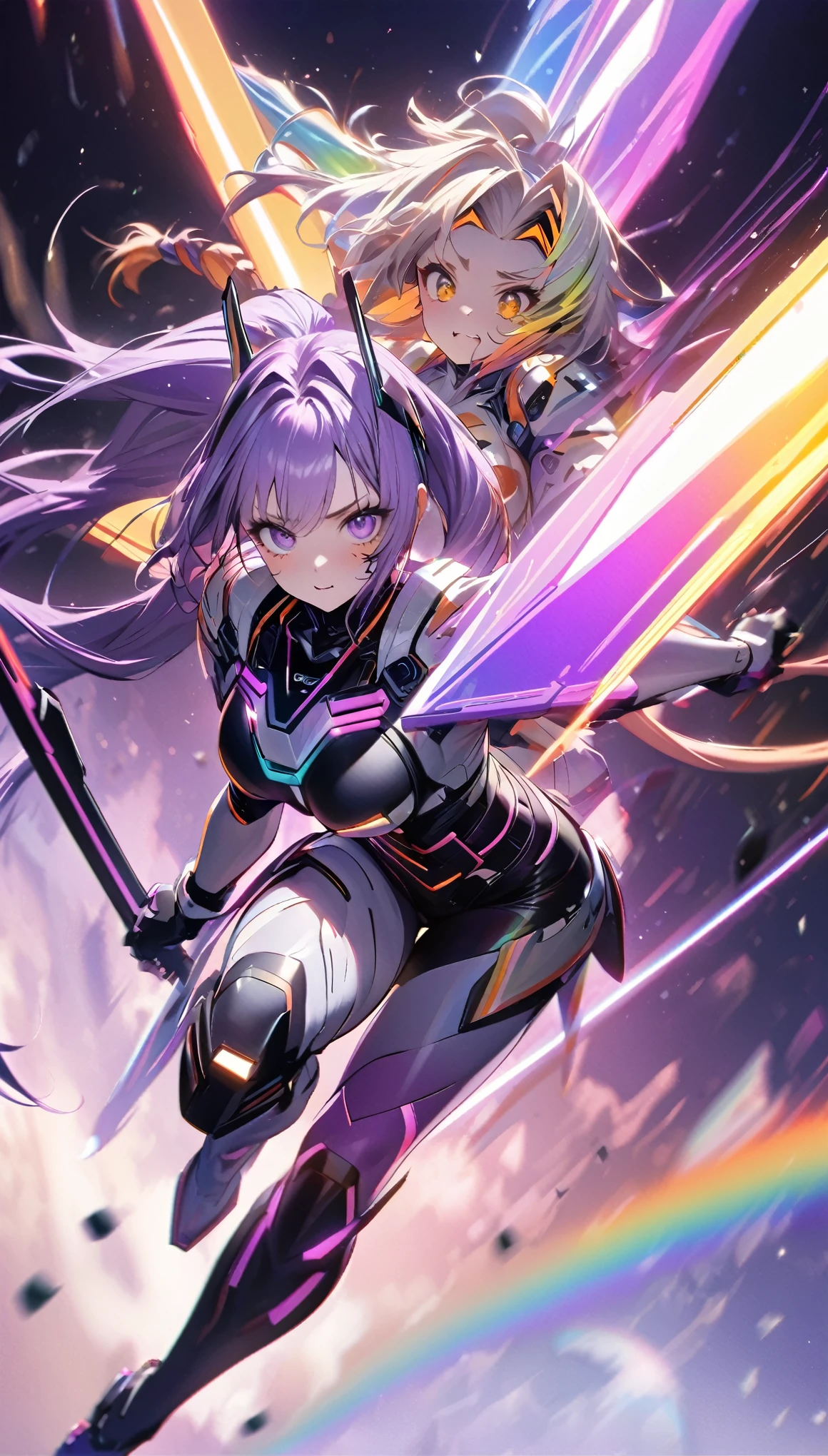 best quality, Ultra-fine, 16K, Ridiculous, Very detailed, delicate and dynamic, (Two beautiful female cyber warriors:1.7), (cute cyber warrior with purple eyes and braided low twin tails with gradient from white to purple at the ends), and (cool beauty cyber warrior with gold eyes and rainbow-colored ponytail with braided sides), background black and purple swirling black hole, galaxy, Motion blur, Motion blur, Various image effects
