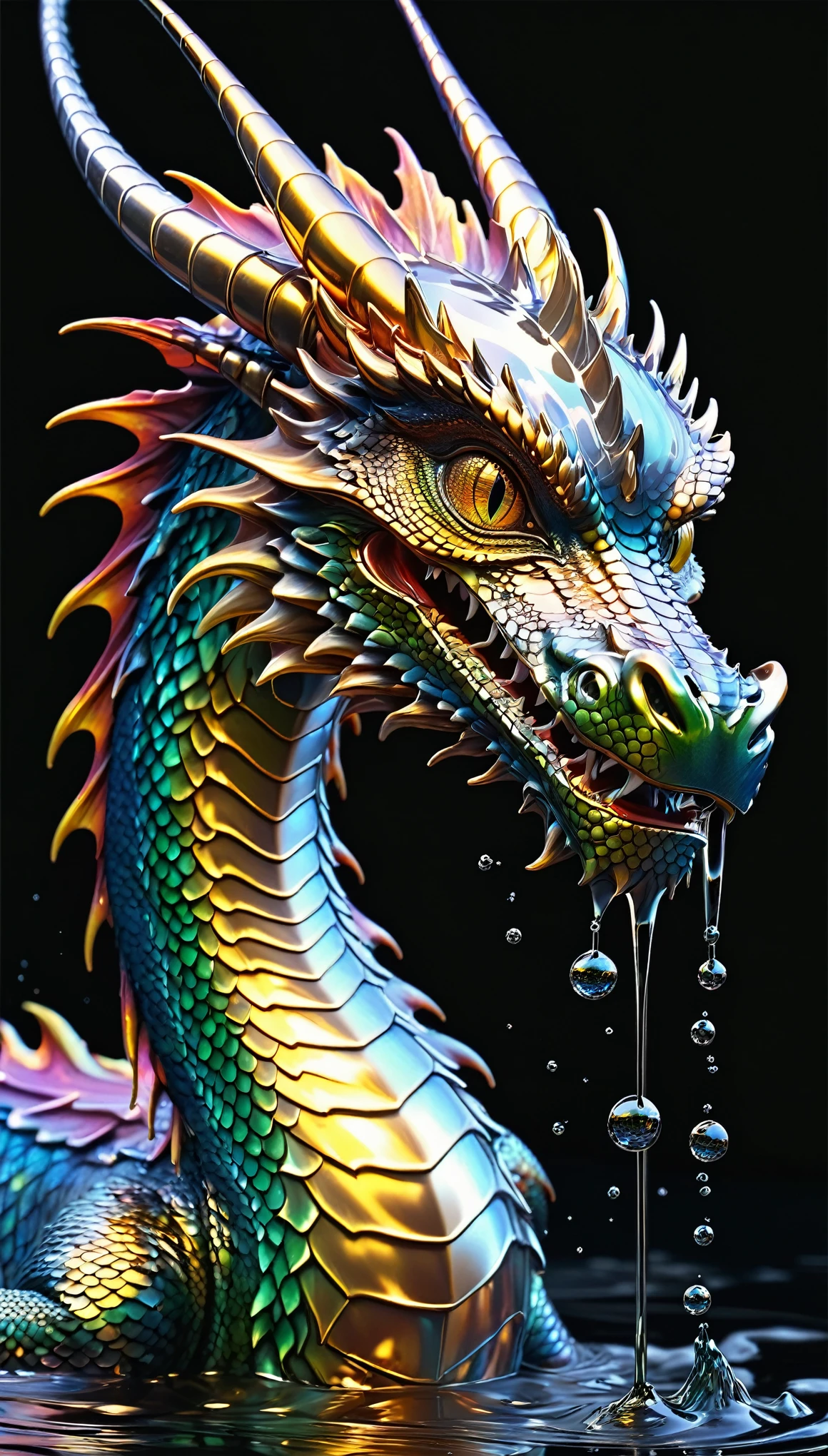 Fluid expression of liquid metal, The beauty of liquid metal, Fine art, Mercury Art, Surreal mercury artwork, (((A dragon made of liquid metal, Amorphous Dragon, The beauty of scales:1.2, Flowing liquid metal))), Mirror effect of mercury, Bright colors, Dramatic Colors, Shine, reflection, Fascinating, 水銀のreflection, Refraction of light in mercury, Mercury&#39;s Surreal Dreamscape.