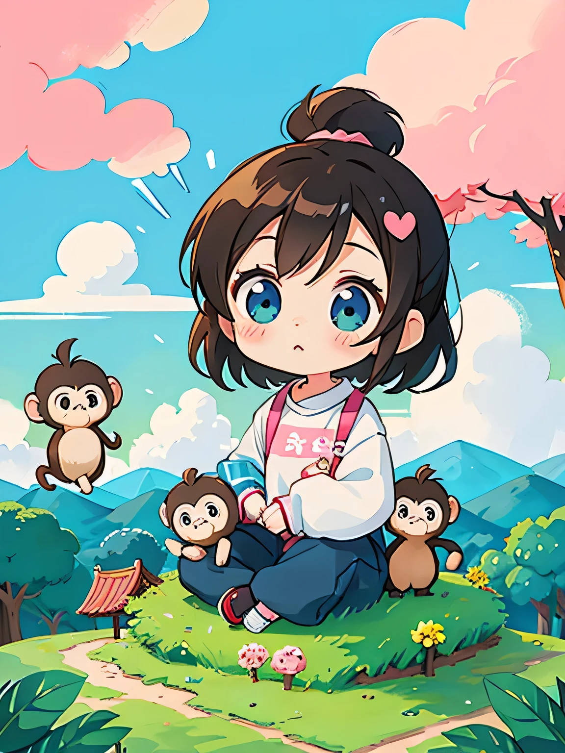 Ai Yazawa style, Kawaii Design, Chibi girl monkey, monkey Forest, Above the Clouds