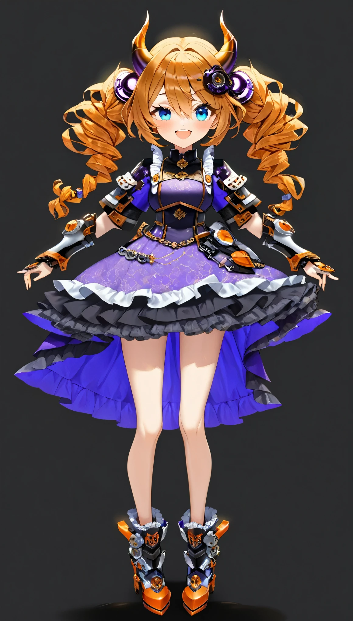 masterpiece, best quality, extremely detailed, high resolution, Japanese anime,1girl, (dark skin:1.2), gold hair, (medium length hair:1.4), curly hair, wavy hair, drill hair, low twintails, (mechanical horn:1.5), (mechanical wing:1.2), (eye lashes:1.3), (eye shadow:1.3), (blue eyes:1.5), (beautiful detailed eyes:1.4), laugh, 130cm tall, original character, fantasy, (black background:1.2), (full body:1.8), beautiful fingers, standing, (blue purple Orange-colored lace frill armor dress:1.5), (mechanical headdress:1.5) , shoot from front, looking at viewer ,