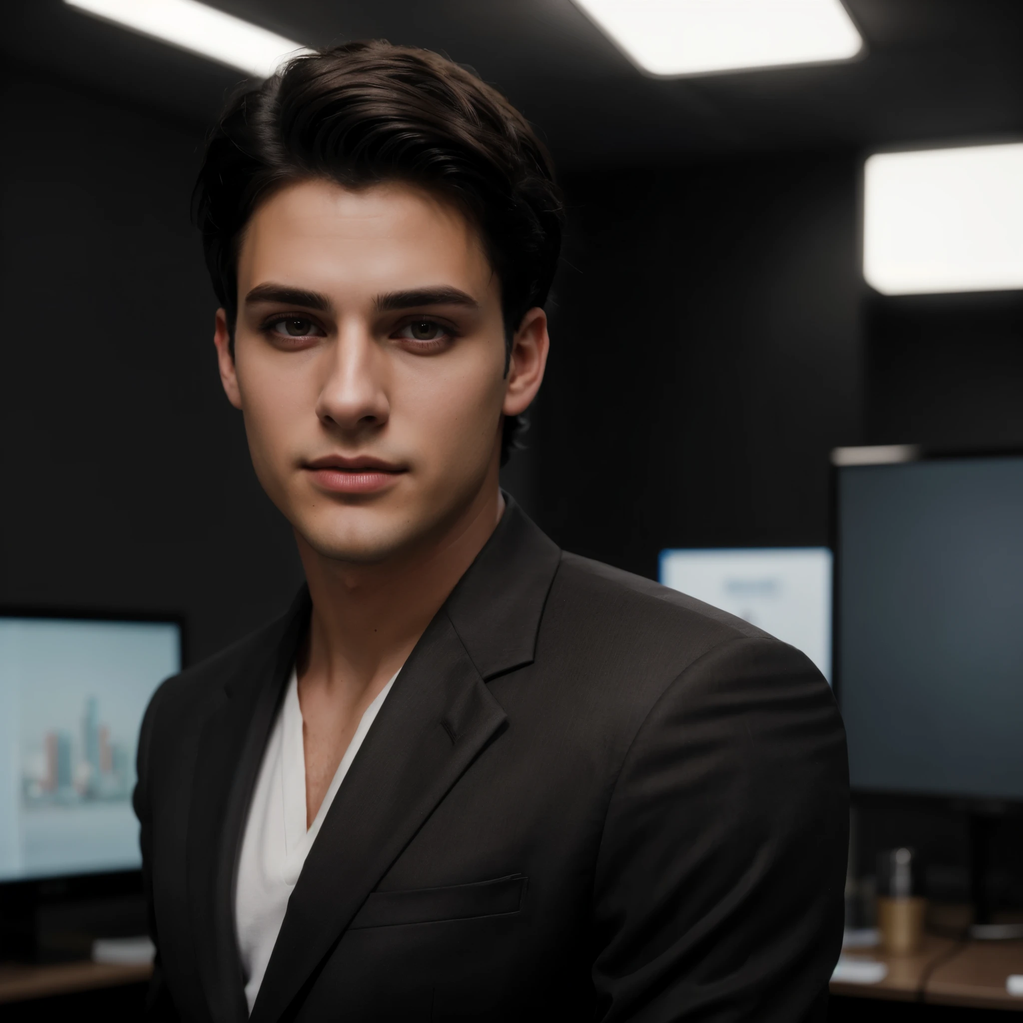 A photorealistic handsome 23-year-old man with extraordinary appearance, trendy short black hair, wearing a luxurious business suit, professional makeup, well-highlighted face, resembling a Hollywood actress, hacker office room background with strange lighting, resembles photo Sony 7000D, dramatic lighting, high definition, depth of field
