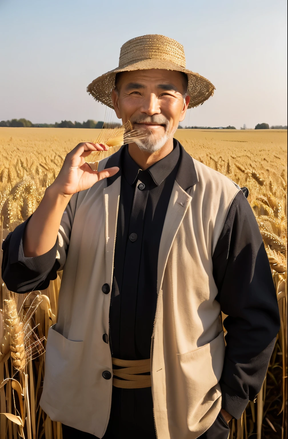 A 45-year-old male farmer,Holding wheat ears in hand,Black hair Chinese,Realistic photos,Photography