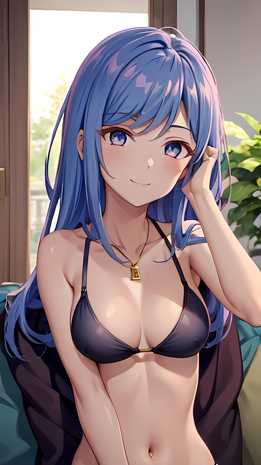 (masterpiece), best quality, expressive eyes, perfect face, 1girl, (bikini), straight hair, medium breast, bar, Maha, smile 