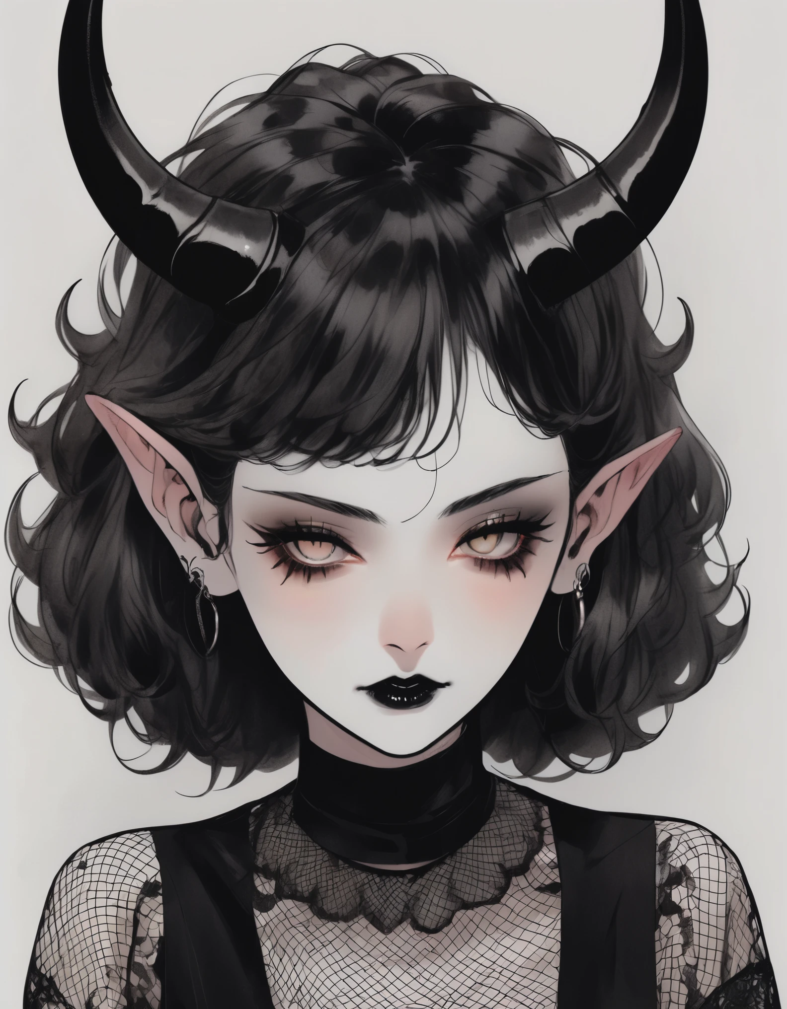 cute comic, demon girl with lethargic sleepy smokey eyes , black curls, mesh fishnet blouse, (long intricate horns:1.2)