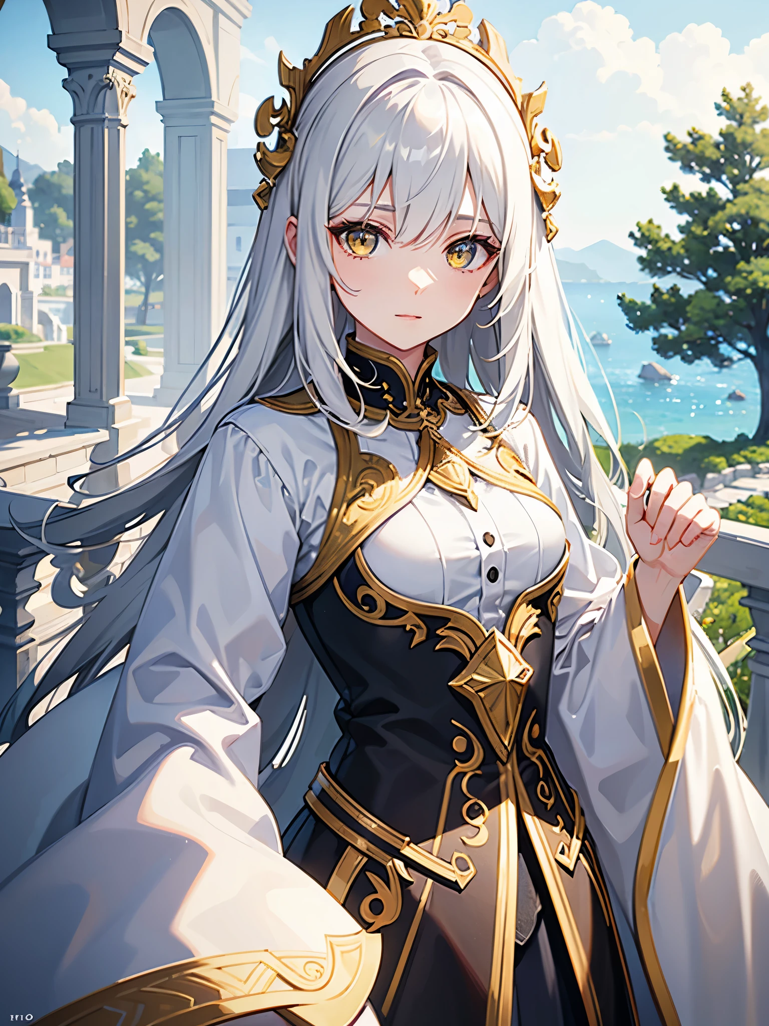 A Woman, slightly introverted mage dressing, yellow-eyed, White-haired, Villa Background, UHD, HIGH DETAILED.