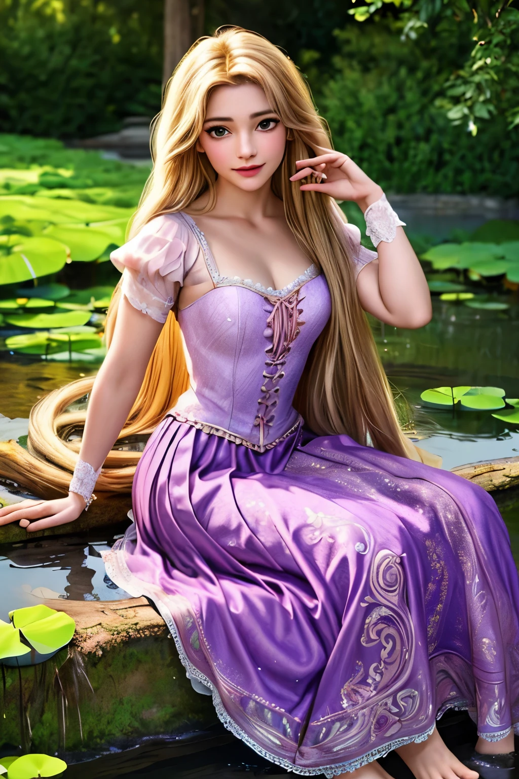 (masterpiece:1.2), (highest quality), (Super detailed), (8k, 4K, complicated),(Half Body:1.2),(cowboy:1.2),(Very detailed:1.2),(Detailed face:1.2), (Detailed Background),(Portraiture),Detailed landscape,(Dynamic pose:1.2),Rapunzel One Girl, alone, Long Hair, smile,Green Eyes,Blonde Hair, dress, Sitting, very Long Hair, flower, Outdoor, barefoot, Puffy sleeves, water, wood, pink dress, purple dress, holding flower, Lily Pad