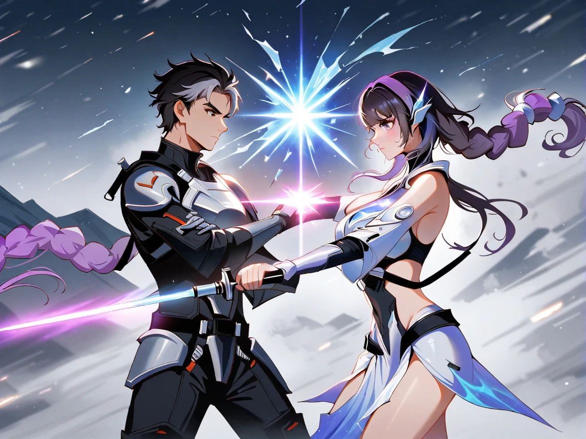 Two people，(An epic battle between ice and fire warriors), Fight with a sword, (1 girl has purple and white gradient double ponytail long hair:1.3), snowstorm, Starry sky vortex background，Gorgeous Starlight，Separate art，Star Wars, (BREAK 1 Boys Short Black Hair，Wearing futuristic armor:1.5)，anatomically correct:1.5, Knee Shot