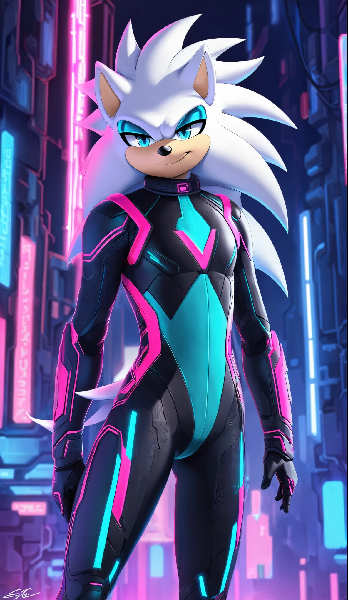 a full body high quality digitally drawn rendered image ((by SEGA)) of A solo male anthro ((silver—white hedgehog)), with glowing blue eyes, ((metallic blue eyeliner)), (((tan muzzle))), wearing a (((sci-fi bodysuit))) stands in a neon-lit cyberpunk city The android's bodysuit is adorned with (((teal and black coloring with neon pink accents))), and intricate android seams, creating a futuristic look. the android has a seductive smirk on his face