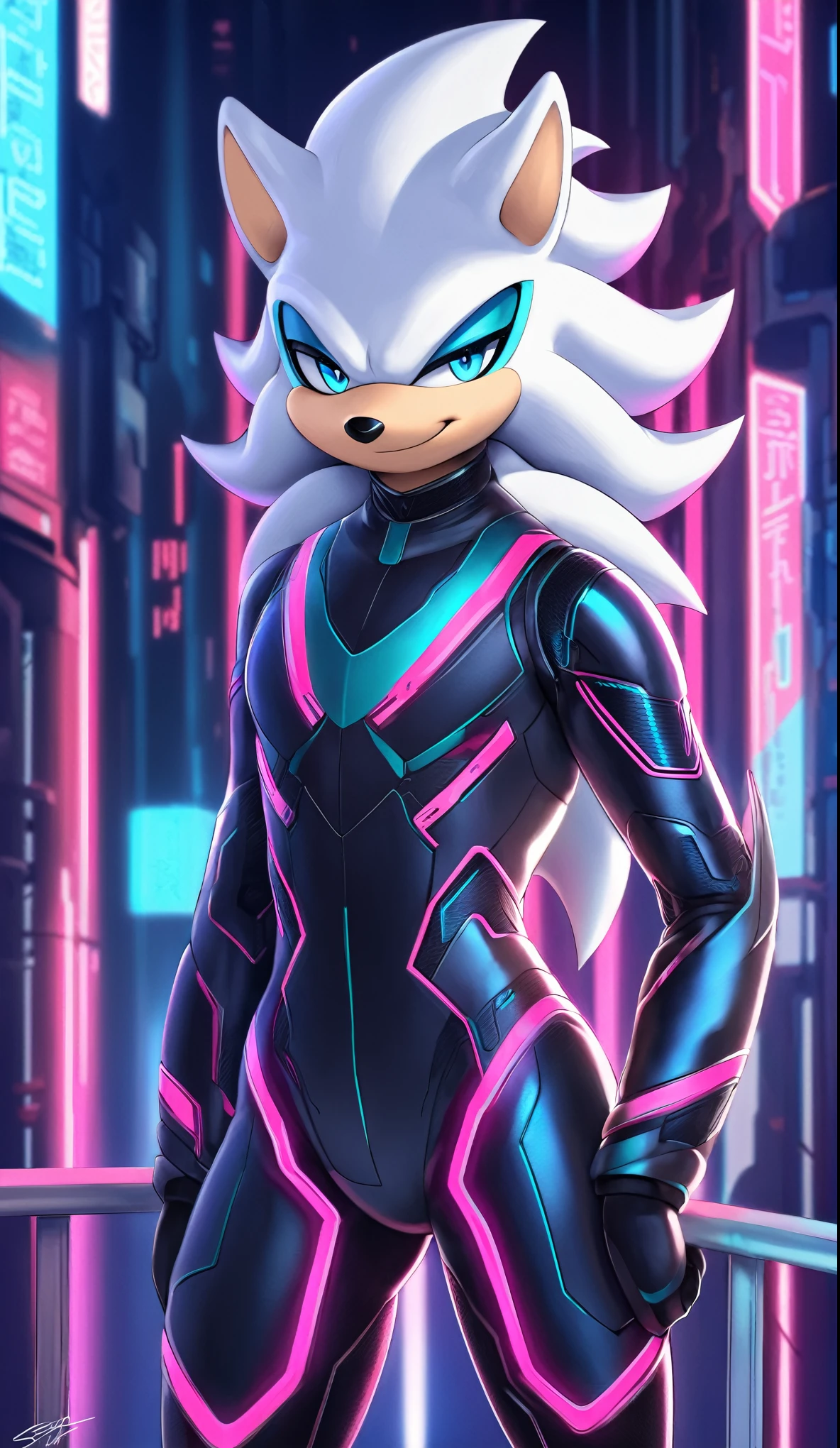 a full body high quality digitally drawn rendered image ((by SEGA)) of A solo male anthro ((silver—white hedgehog)), with glowing blue eyes, ((metallic blue eyeliner)), (((tan muzzle))), wearing a (((sci-fi bodysuit))) stands in a neon-lit cyberpunk city The android's bodysuit is adorned with (((teal and black coloring with neon pink accents))), and intricate android seams, creating a futuristic look. the android has a seductive smirk on his face