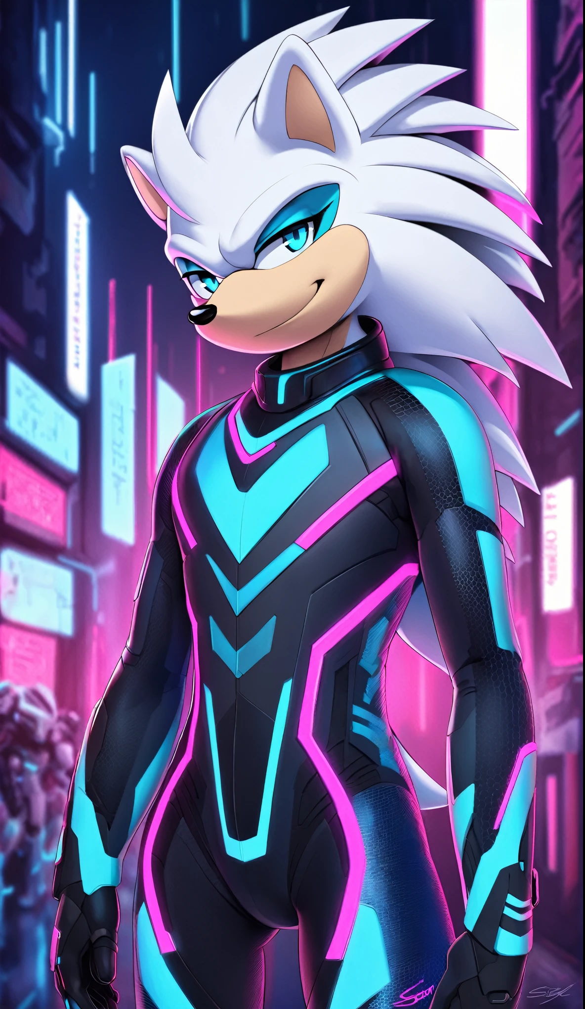 a full body high quality digitally drawn rendered image ((by SEGA)) of A solo male anthro ((silver—white hedgehog)), with glowing blue eyes, ((metallic blue eyeliner)), (((tan muzzle))), wearing a (((sci-fi bodysuit))) stands in a neon-lit cyberpunk city The android's bodysuit is adorned with (((teal and black coloring with neon pink accents))), and intricate android seams, creating a futuristic look. the android has a seductive smirk on his face
