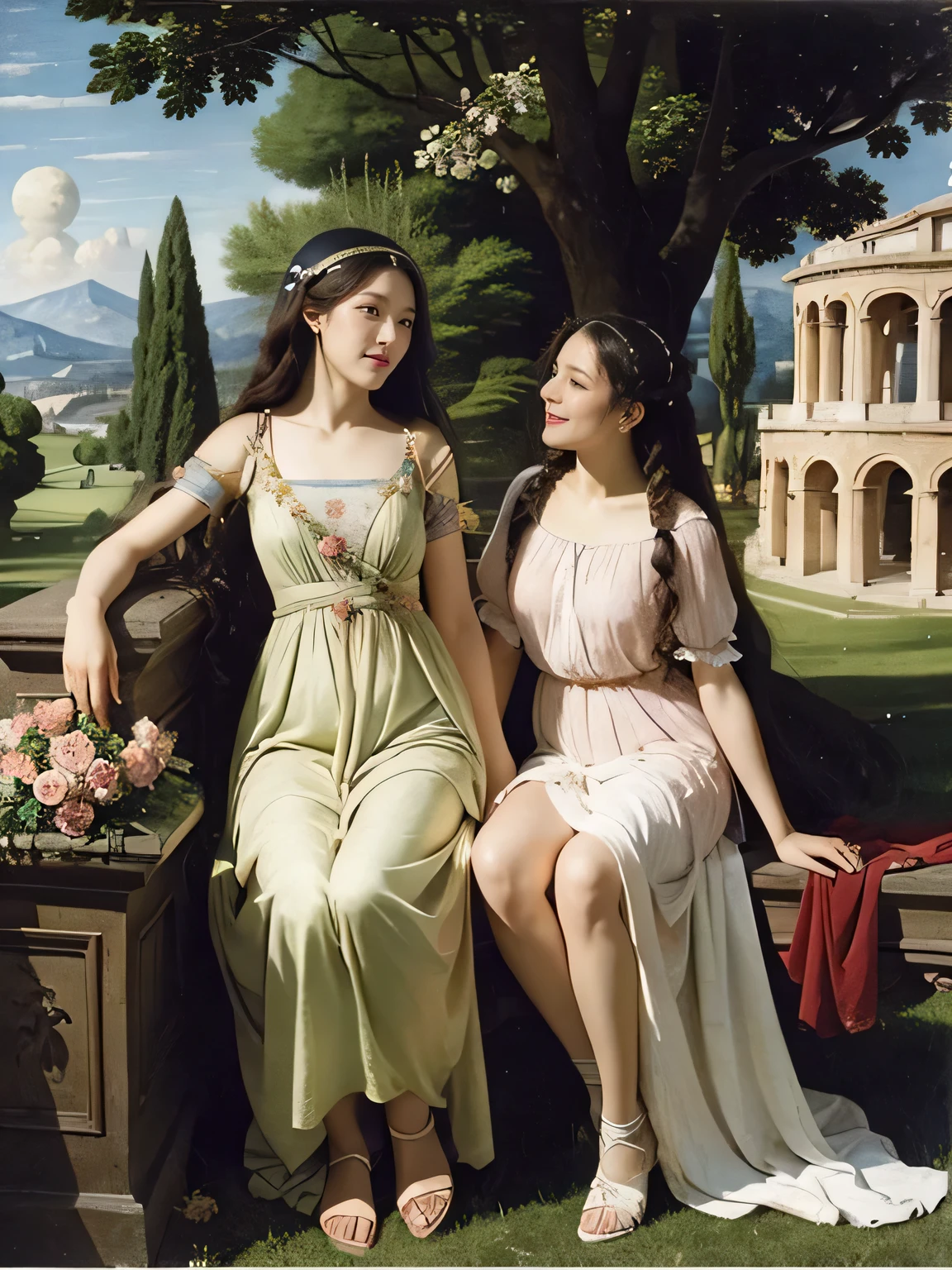 full body portrait or statue、Sandro Botticelli painting style,Arguments of two female Philosophe,math、astronomical machine、astronaut、roses in vase、fruits、Cute trinkets、smile、ancient greek costume、Ancient Roman landscape in the style of Nicolas Poussin,laughter,,Sweet and seductive appearance.、Caravaggio's paintings、Chiaroscuro of Caravaggio、hair tousled by the wind,Two women frolicking,cute smile, expression of ecstasy,Sexy,erotic