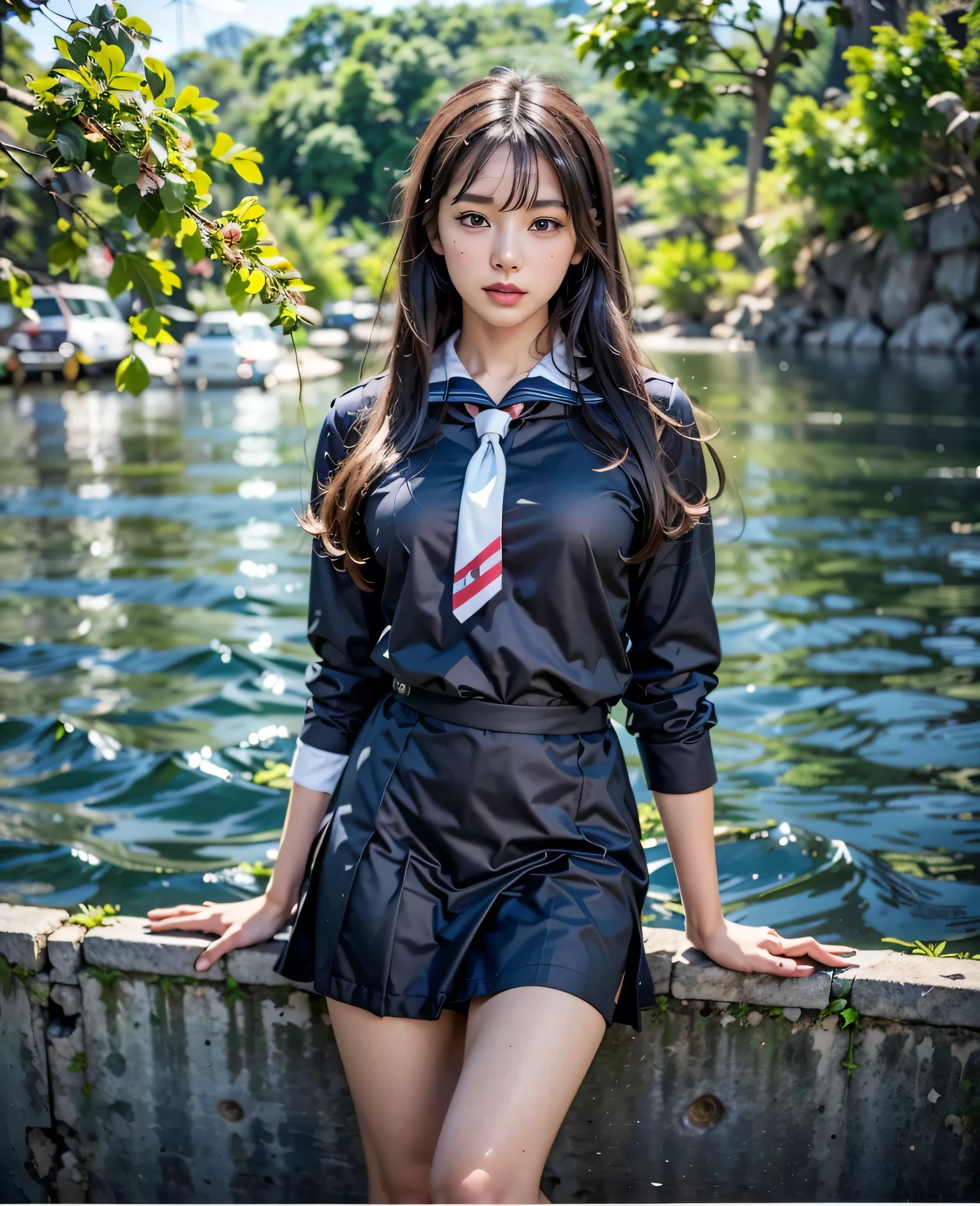 There is a woman posing on the wall by the water, Japan Girls' Uniform, Sailor suit with loose coat collar, Japanese , Japan people in uniform, Seifuku, Wearing a uniform, Bae Suzy, JK Uniform, Korean Girls, Girl in uniform, wear , magic , Sailor suit, Jaeyoung Nam, high school girl