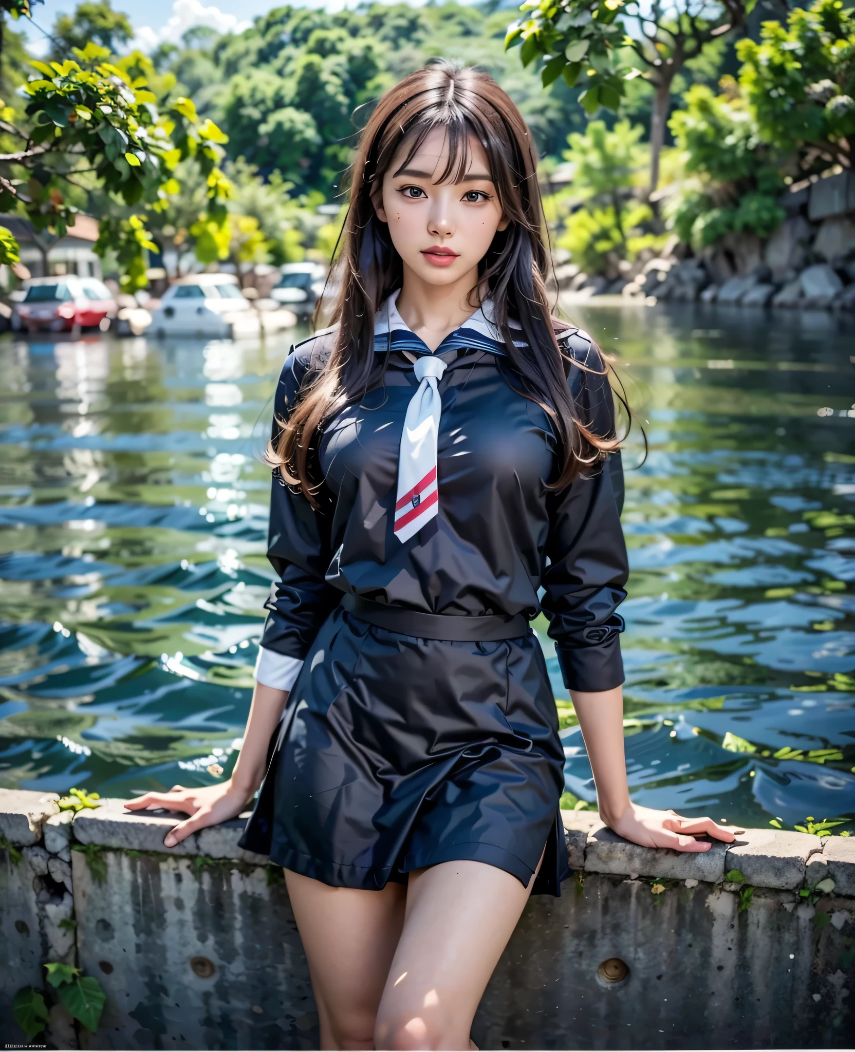 There is a woman posing on the wall by the water, Japan Girls' Uniform, Sailor suit with loose coat collar, Japanese , Japan people in uniform, Seifuku, Wearing a uniform, Bae Suzy, JK Uniform, Korean Girls, Girl in uniform, wear , magic , Sailor suit, Jaeyoung Nam, high school girl