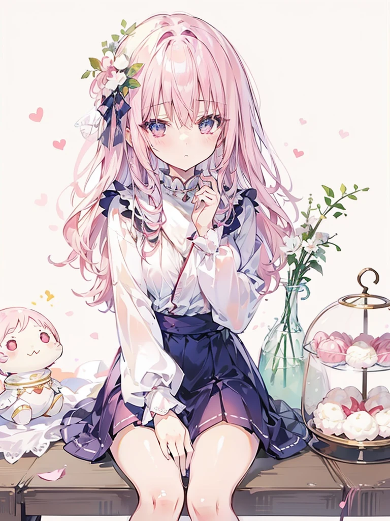Fantastic background on clouds,with pink hair,Red pupils,Soft and creamy white clothes,There are pink shawls,It has a cute and milky big collar,Cute ,Two-dimensional style