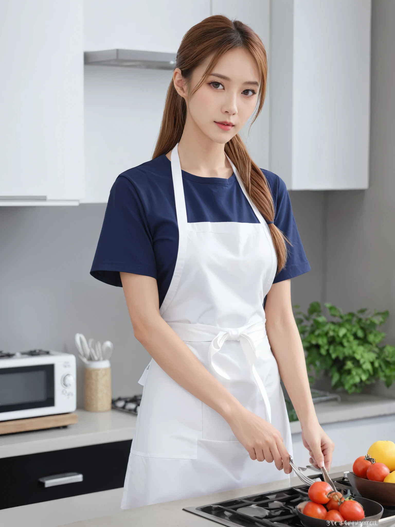 Slender women、Navy blue T-shirt、Pure white apron、Long brown hair that is almost blonde、Fair-skinned girl in her 30s、Cooking、ponytail、